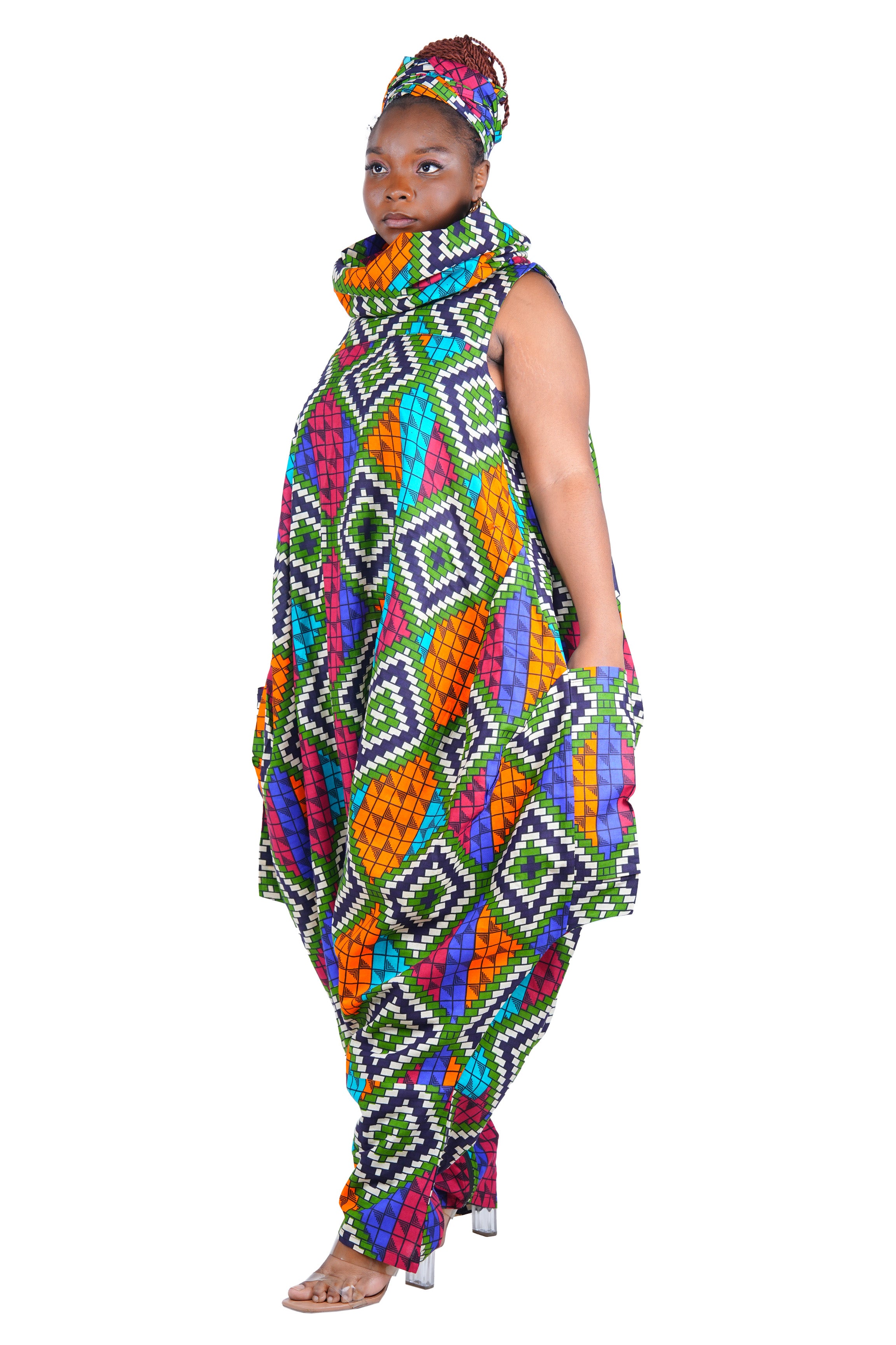 African Long High Neck Jumpsuit with Headwrap – 100% Cotton, Pockets