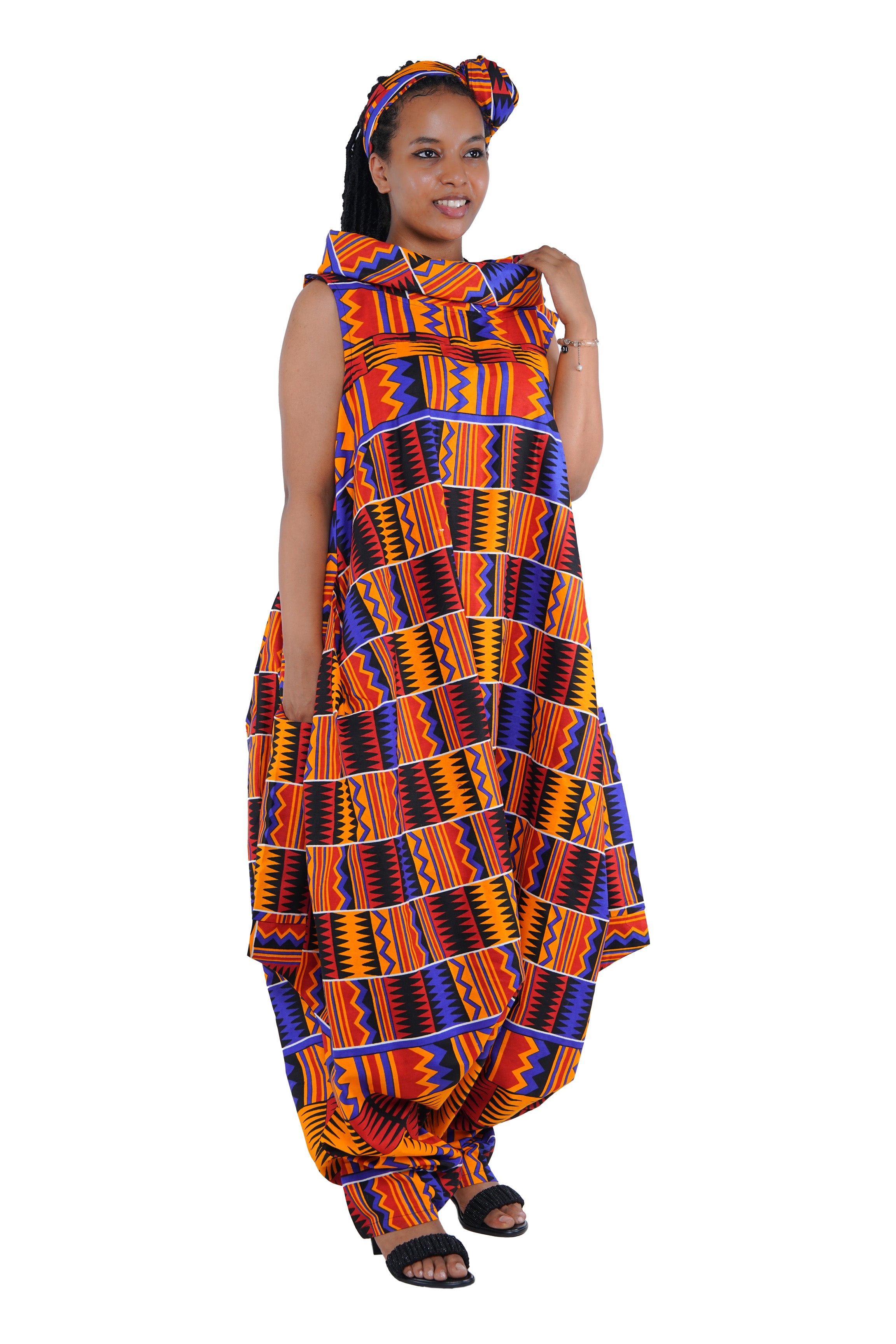 African Long High Neck Jumpsuit with Headwrap – 100% Cotton, Pockets