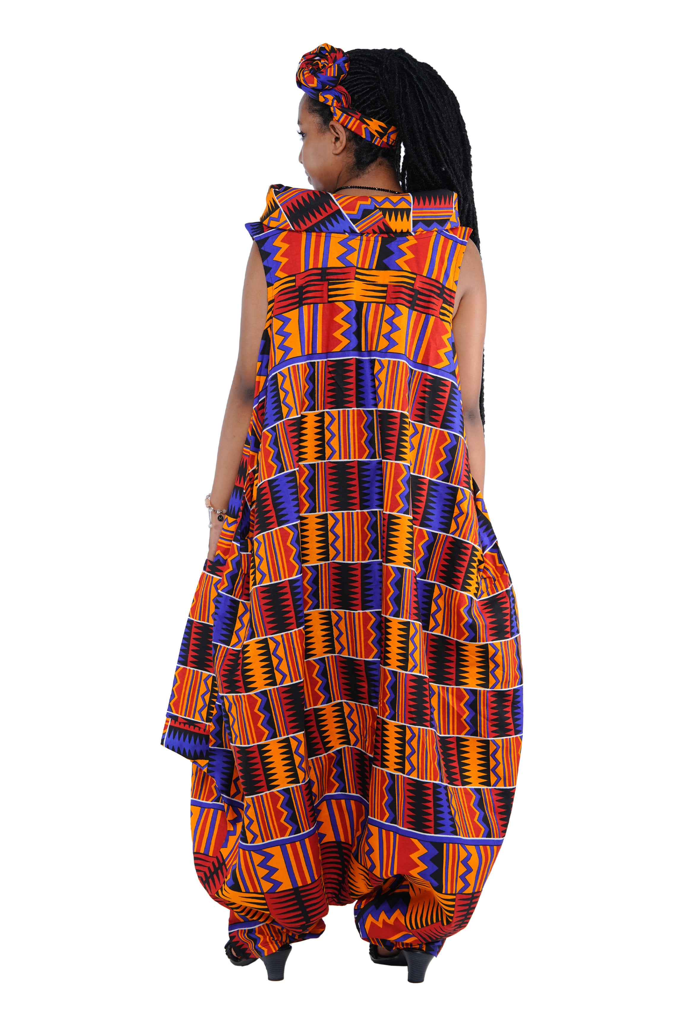 African Long High Neck Jumpsuit with Headwrap – 100% Cotton, Pockets