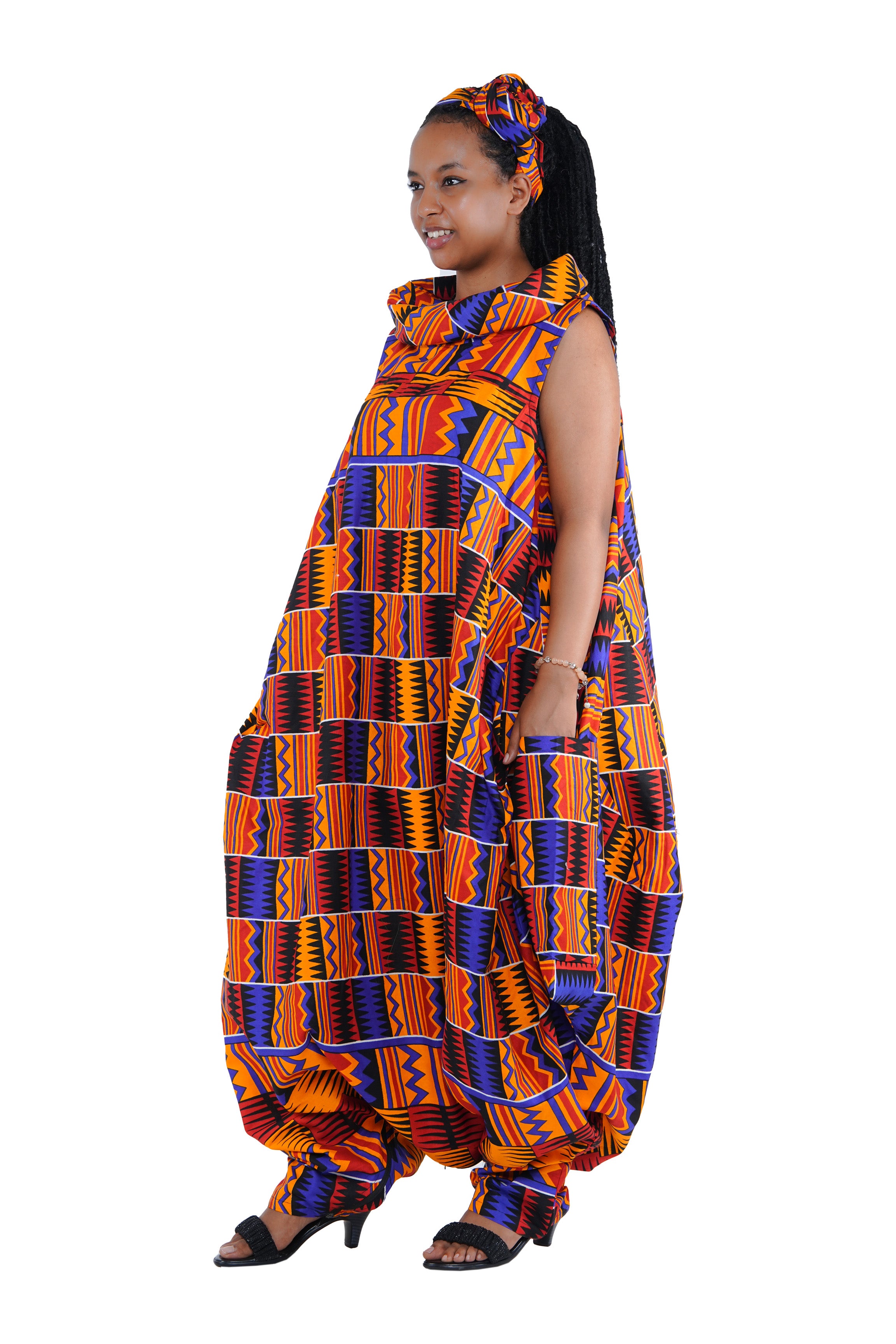 African Long High Neck Jumpsuit with Headwrap – 100% Cotton, Pockets