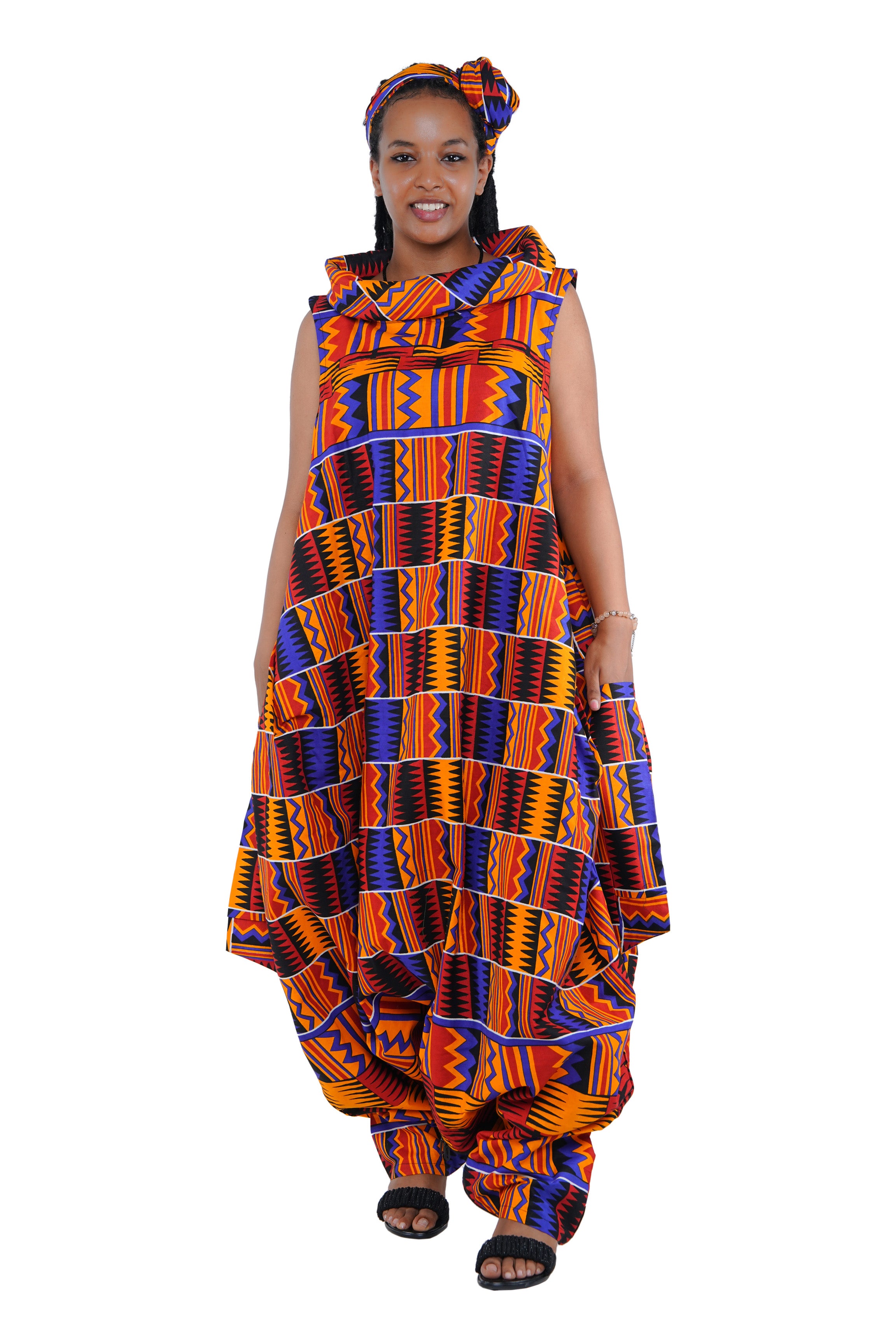 African Long High Neck Jumpsuit with Headwrap – 100% Cotton, Pockets