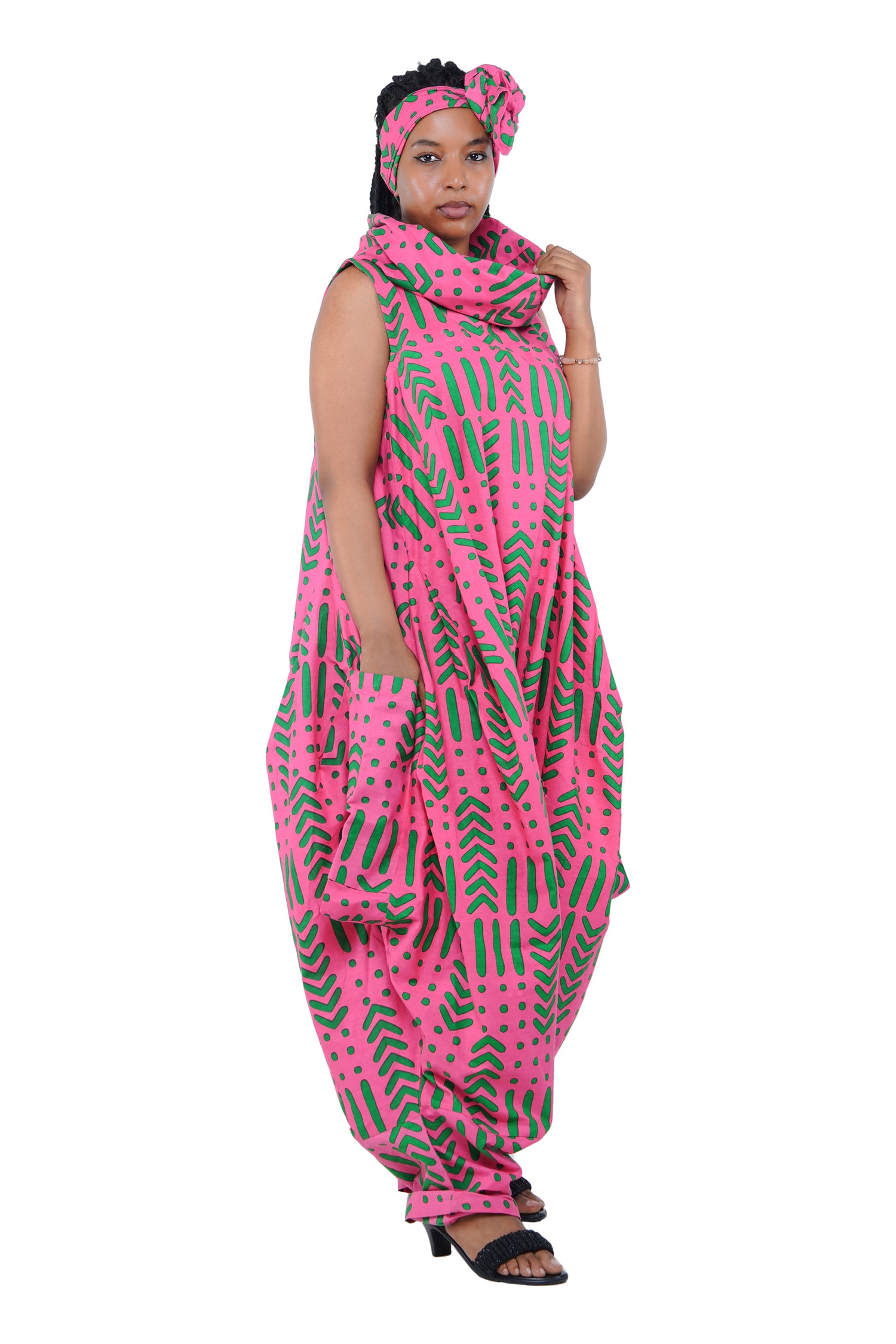 African Long High Neck Jumpsuit with Headwrap – 100% Cotton, Pockets