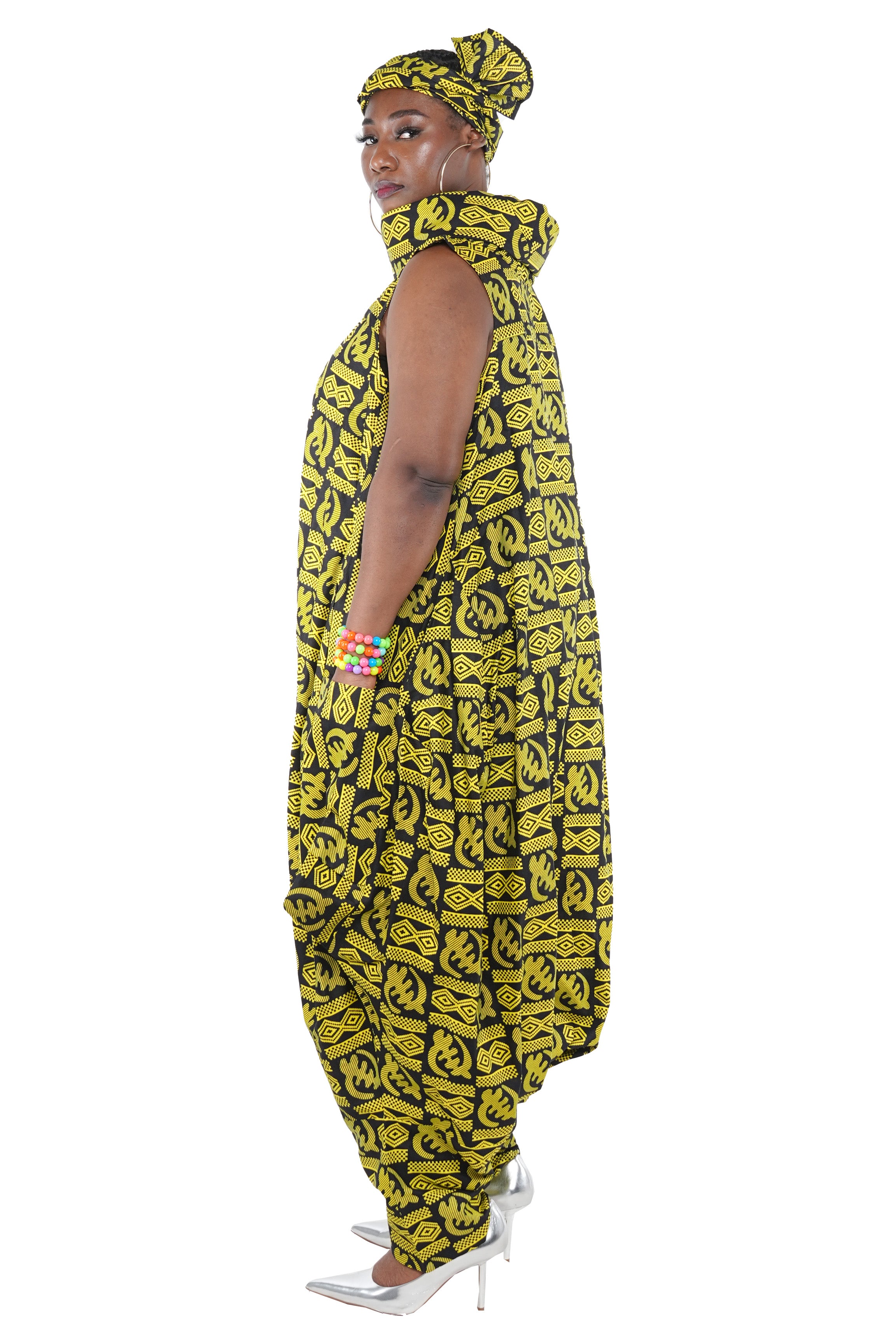 African Long High Neck Jumpsuit with Headwrap – 100% Cotton, Pockets