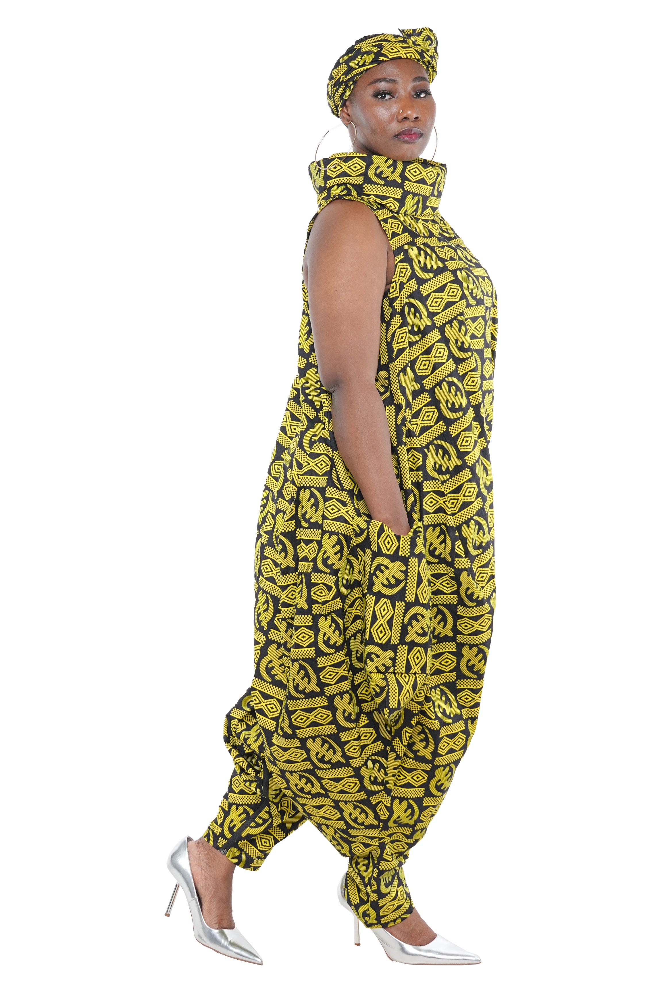 African Long High Neck Jumpsuit with Headwrap – 100% Cotton, Pockets