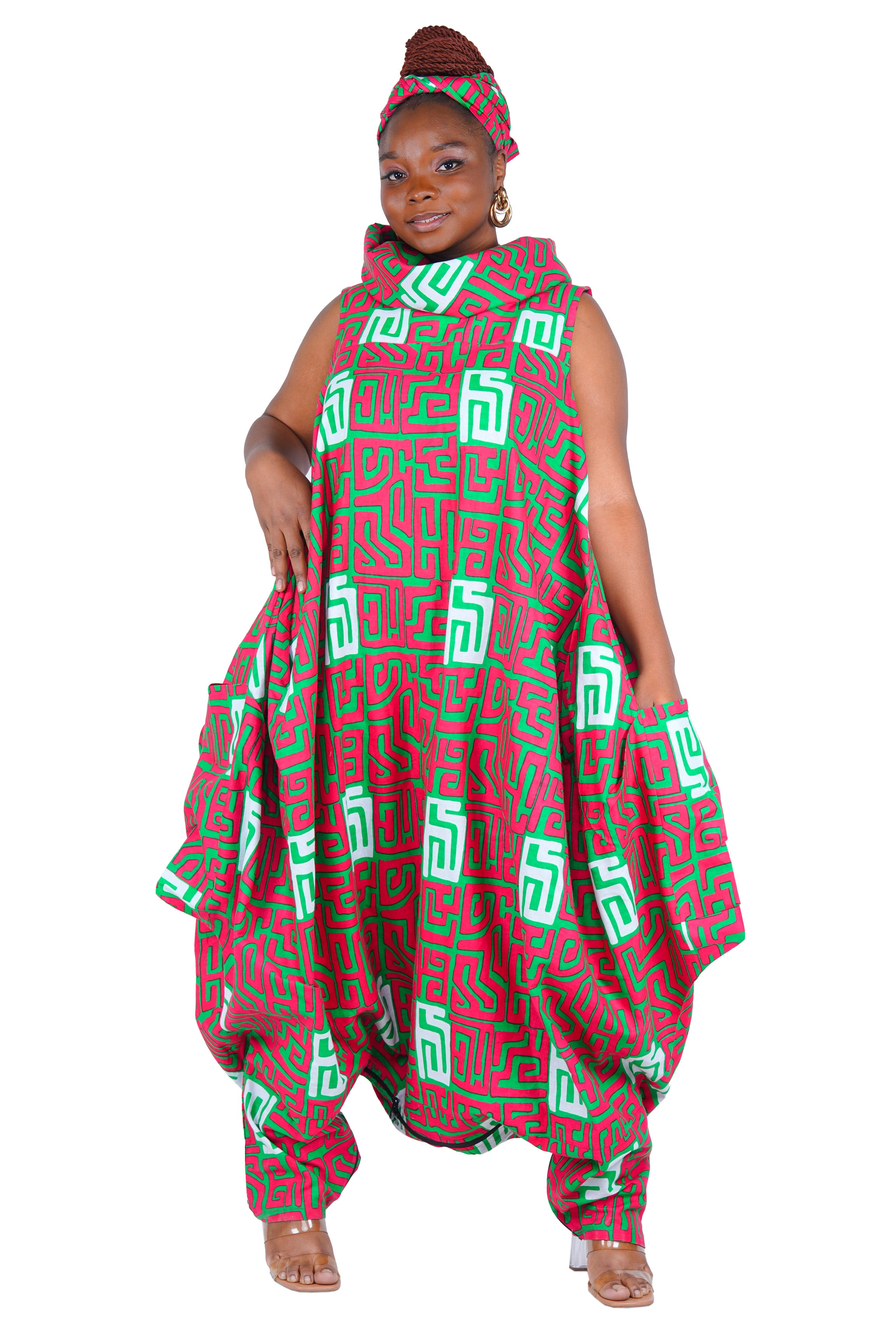 African Long High Neck Jumpsuit with Headwrap – 100% Cotton, Pockets