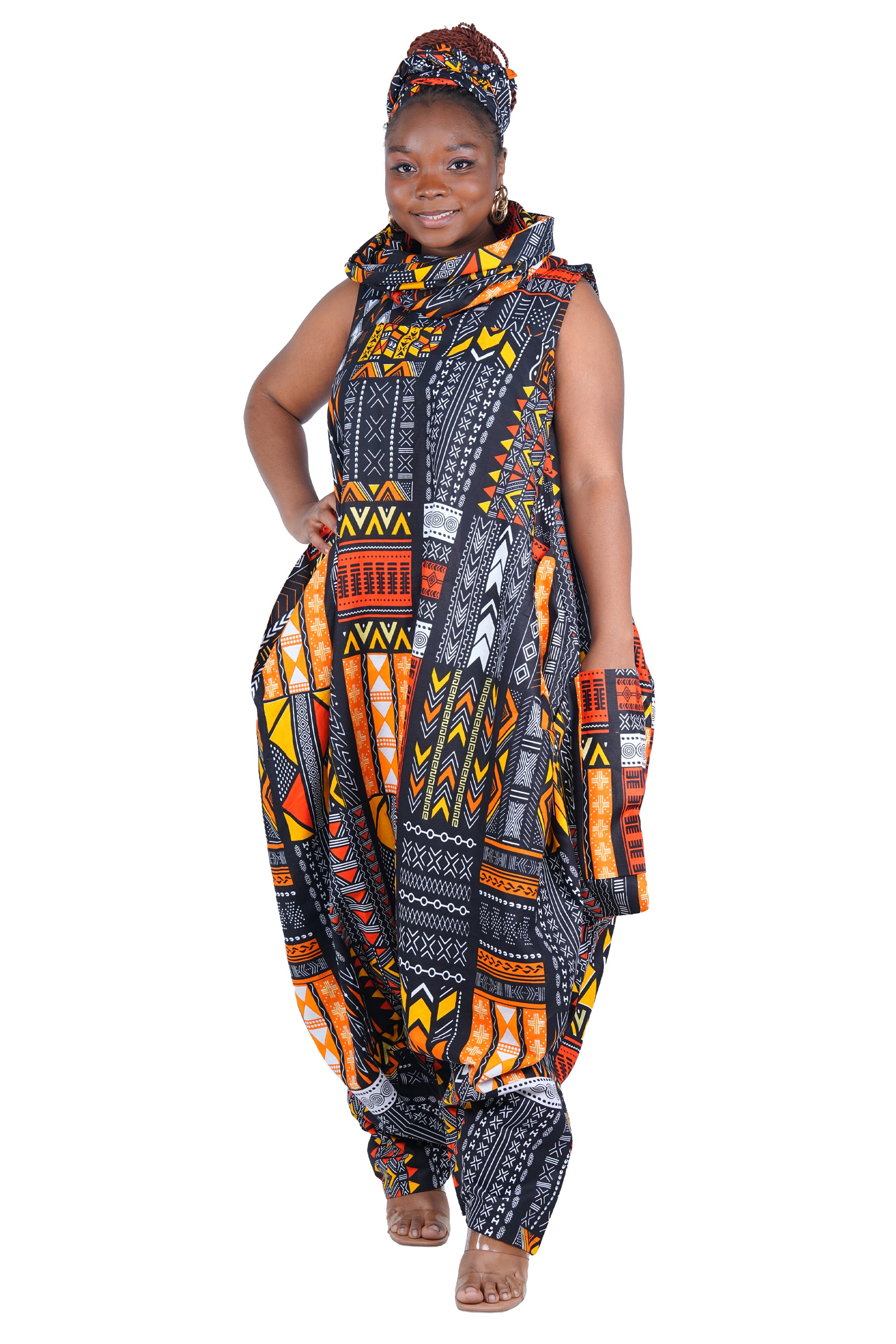 African Long High Neck Jumpsuit with Headwrap – 100% Cotton, Pockets