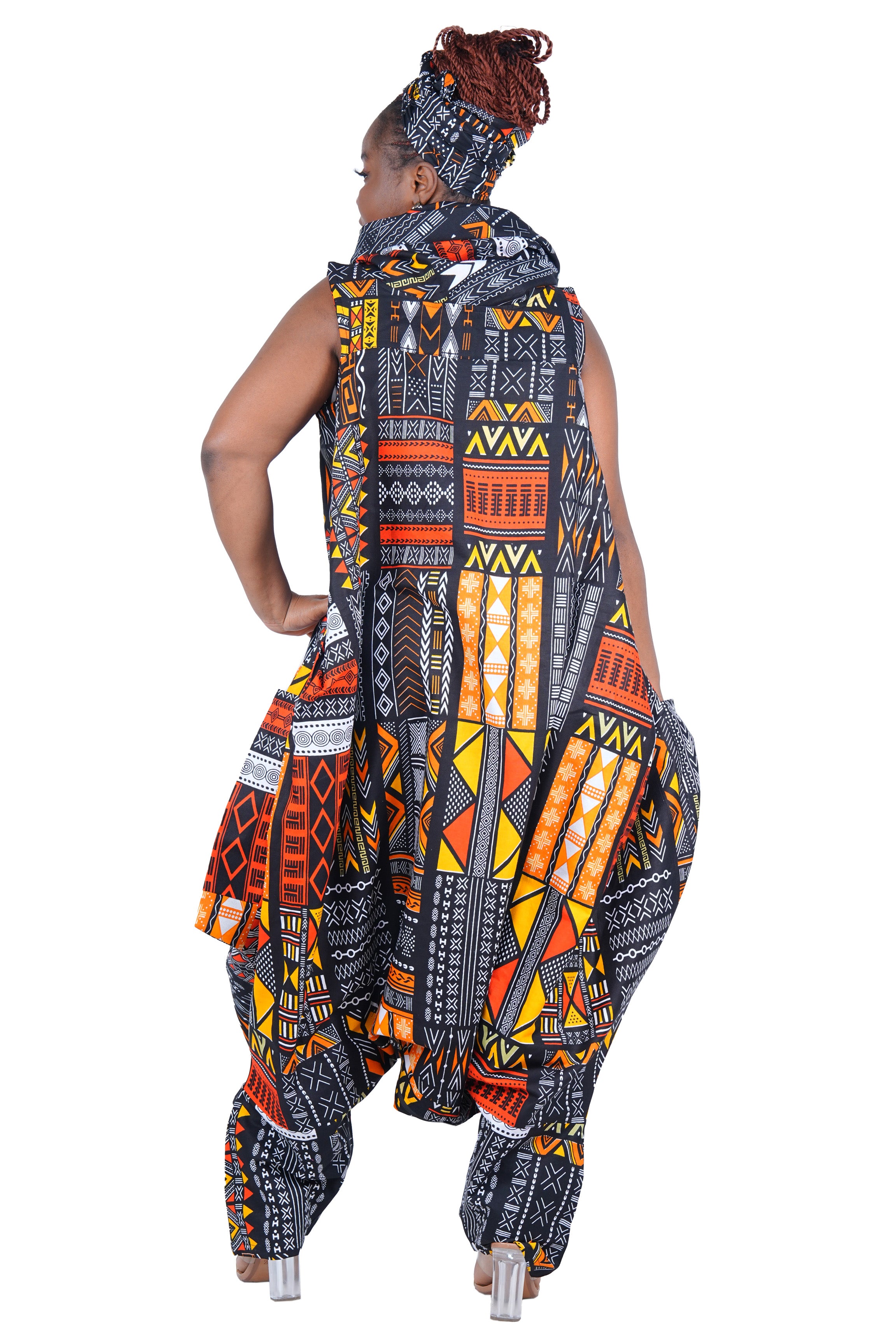African Long High Neck Jumpsuit with Headwrap – 100% Cotton, Pockets