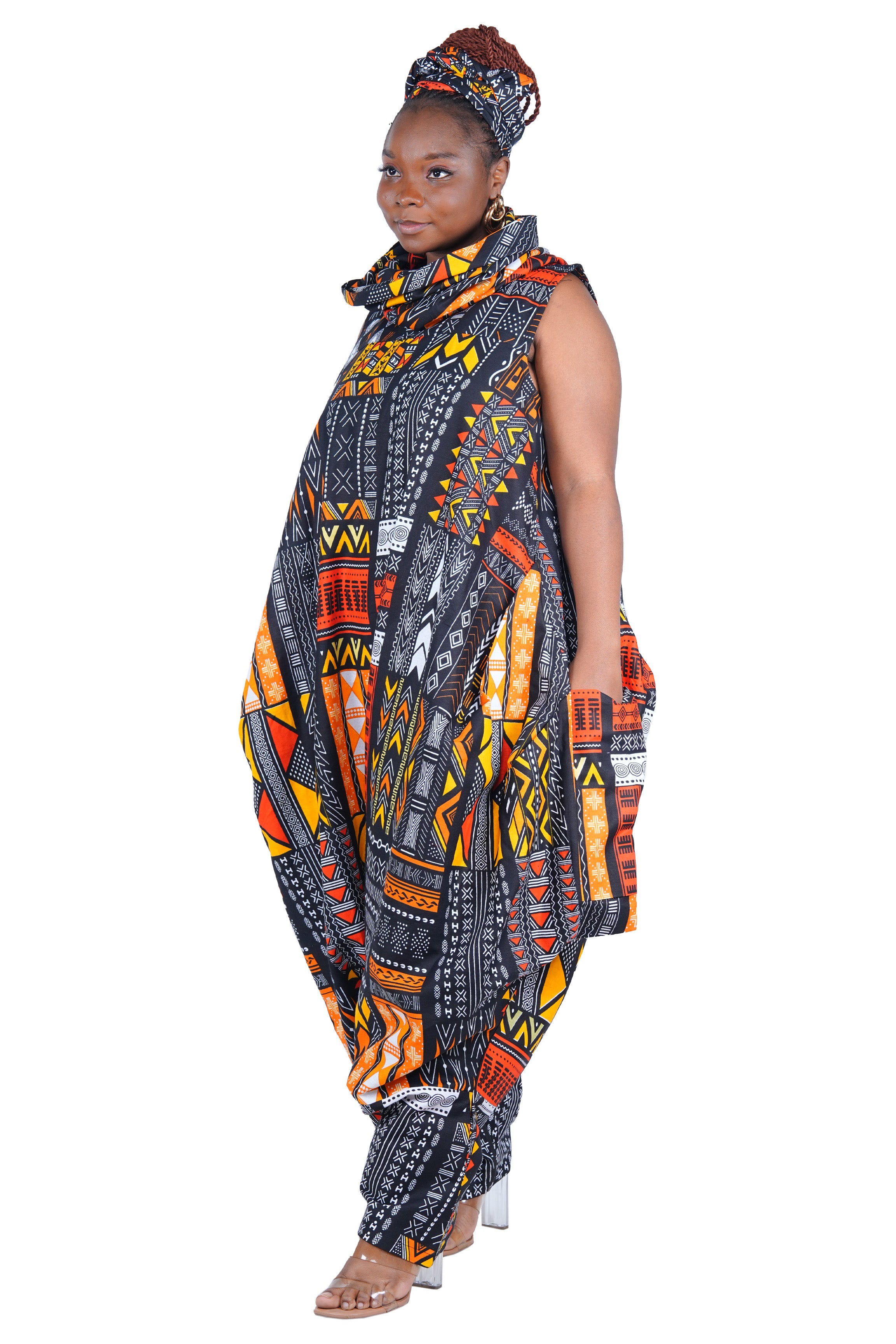 African Long High Neck Jumpsuit with Headwrap – 100% Cotton, Pockets