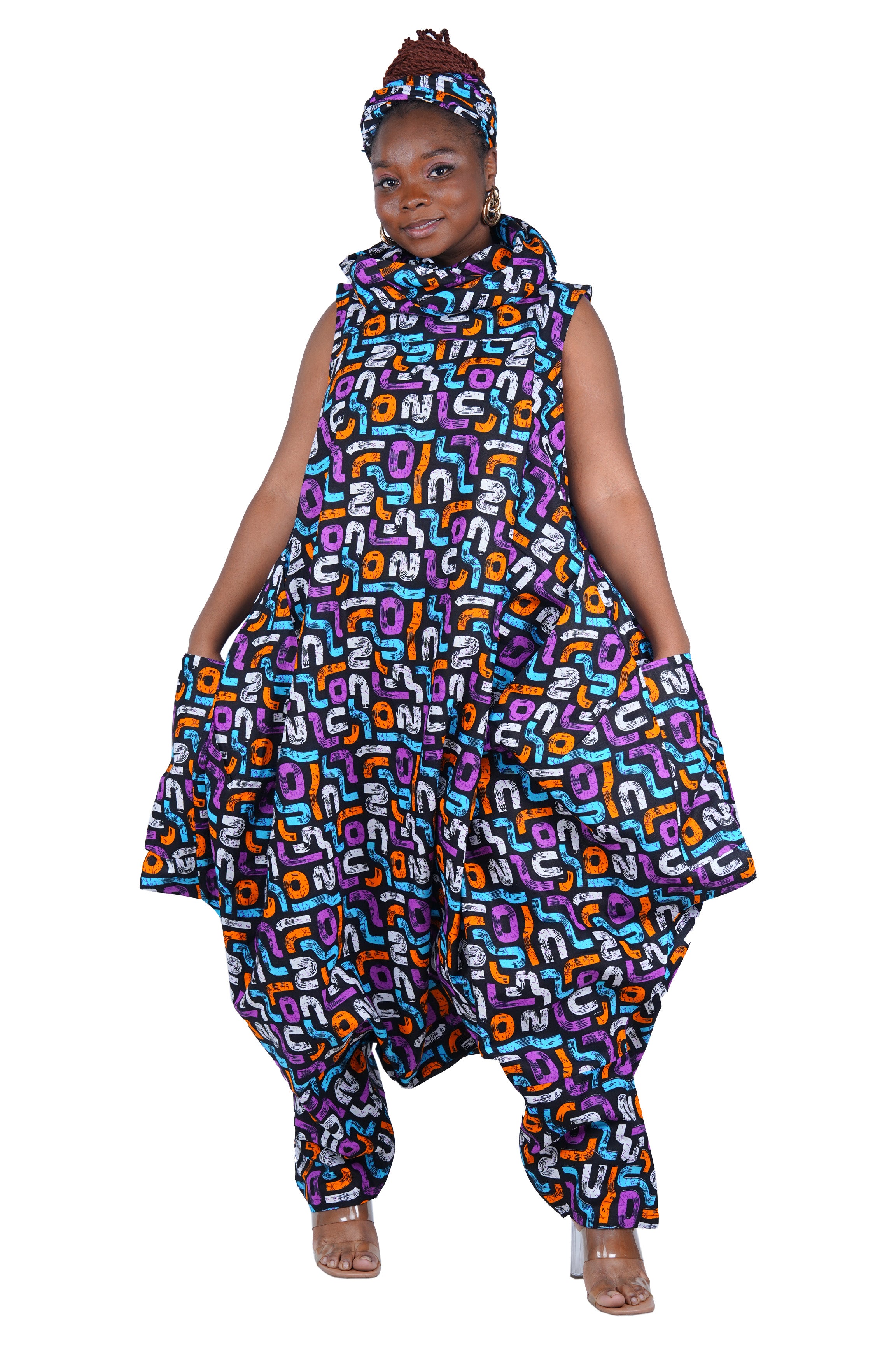 African Long High Neck Jumpsuit with Headwrap – 100% Cotton, Pockets