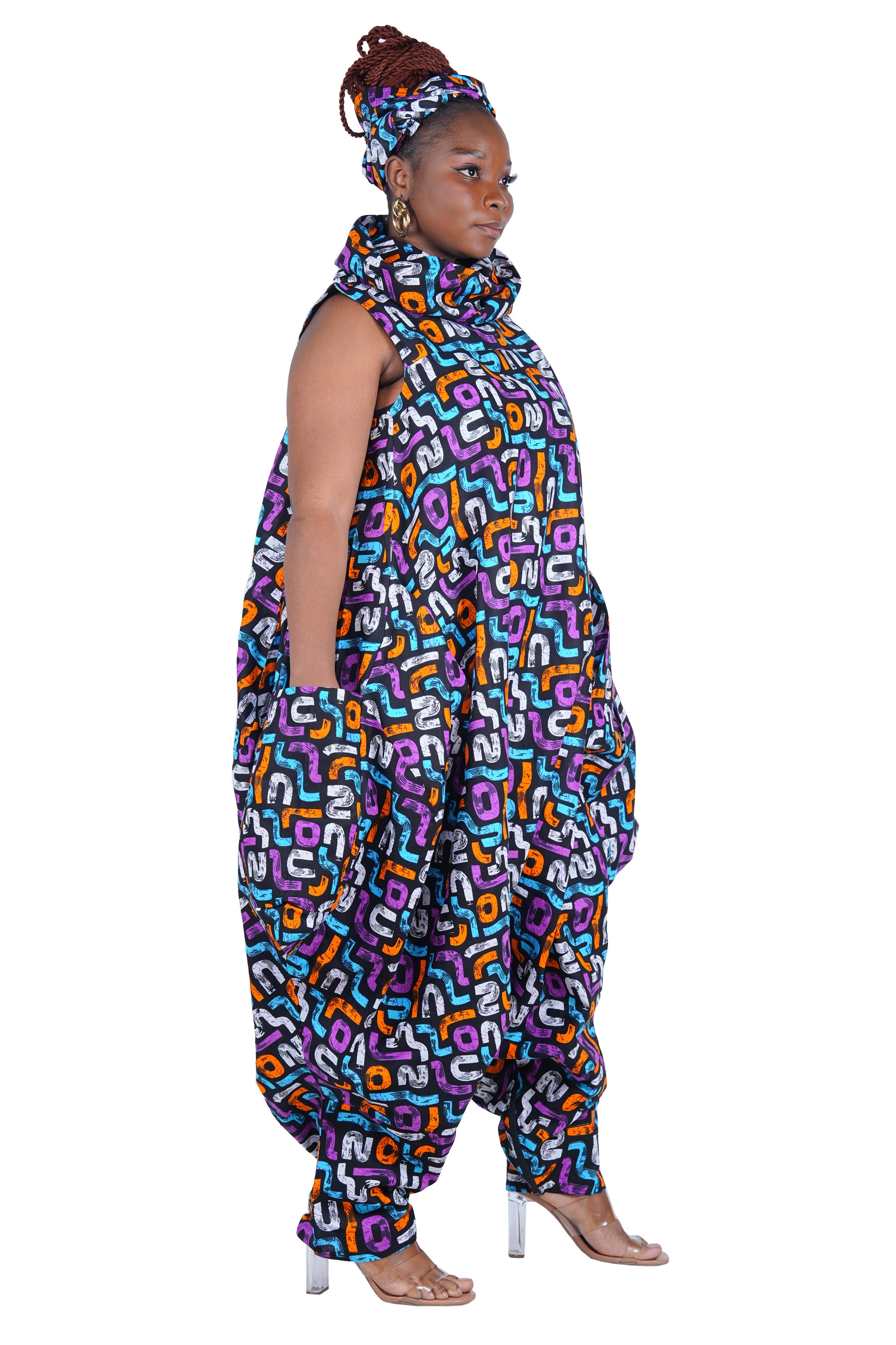 African Long High Neck Jumpsuit with Headwrap – 100% Cotton, Pockets