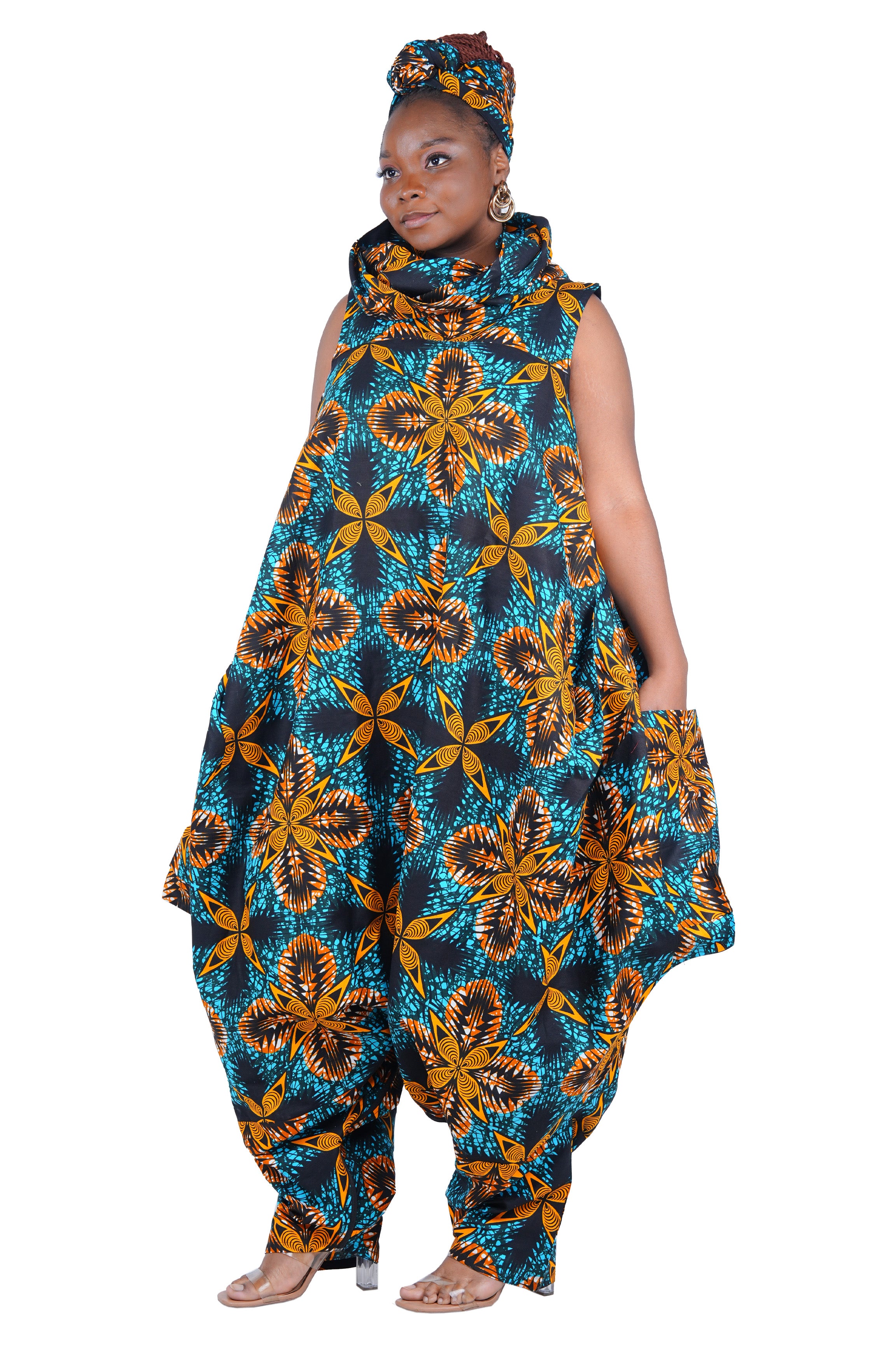 African Long High Neck Jumpsuit with Headwrap – 100% Cotton, Pockets