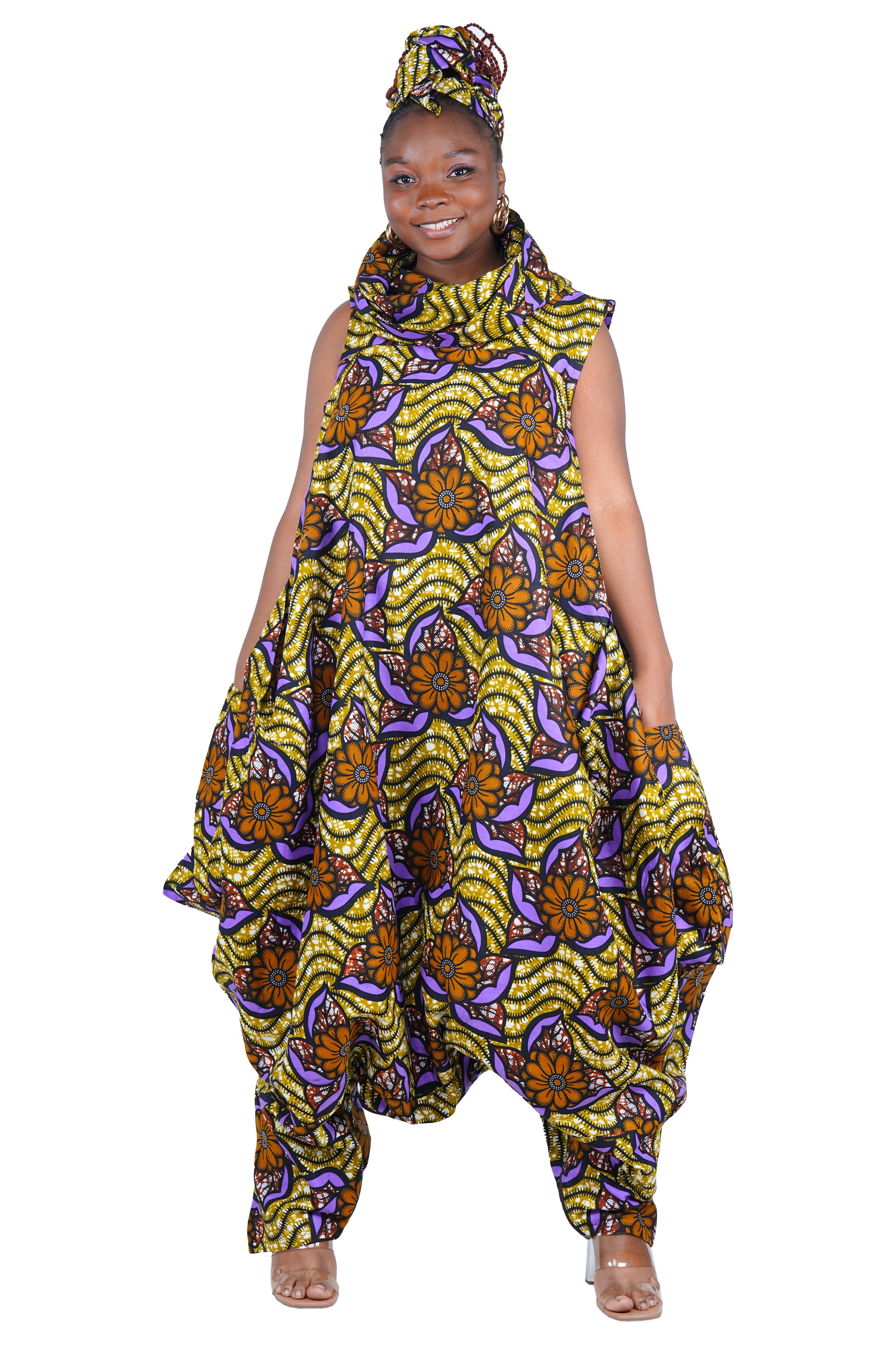 African Long High Neck Jumpsuit with Headwrap – 100% Cotton, Pockets