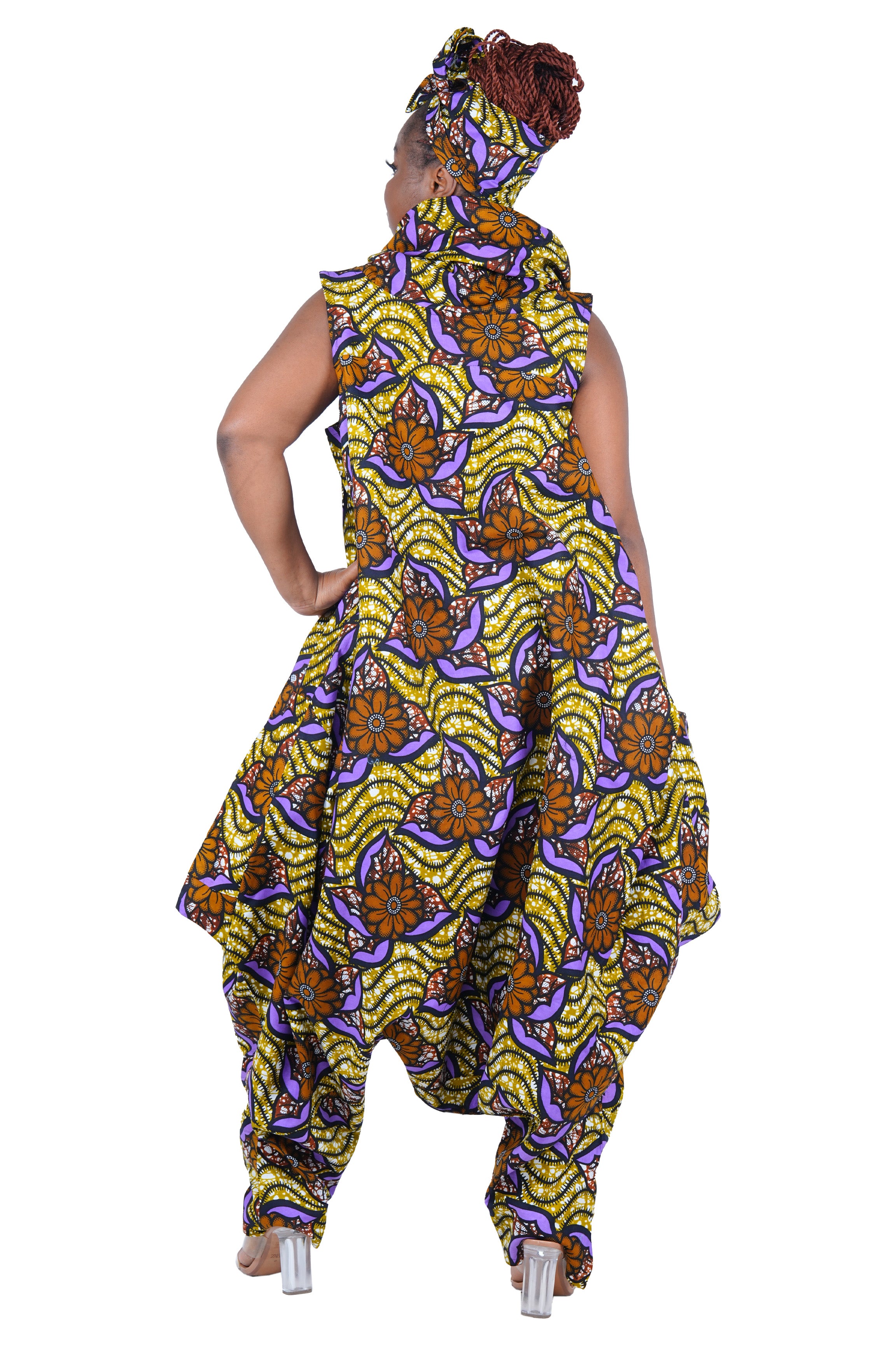 African Long High Neck Jumpsuit with Headwrap – 100% Cotton, Pockets