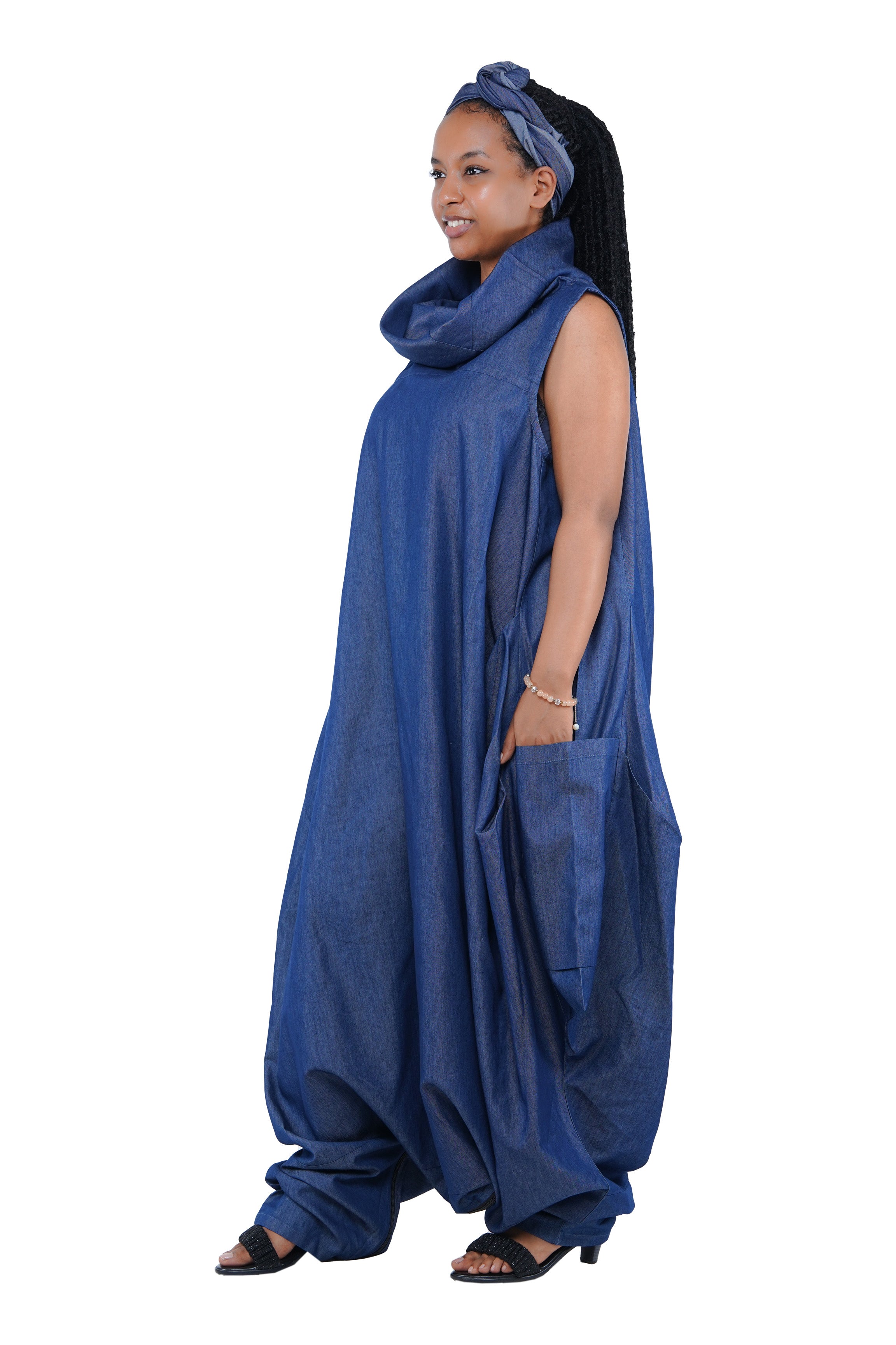African Long High Neck Jumpsuit with Headwrap – 100% Cotton, Pockets