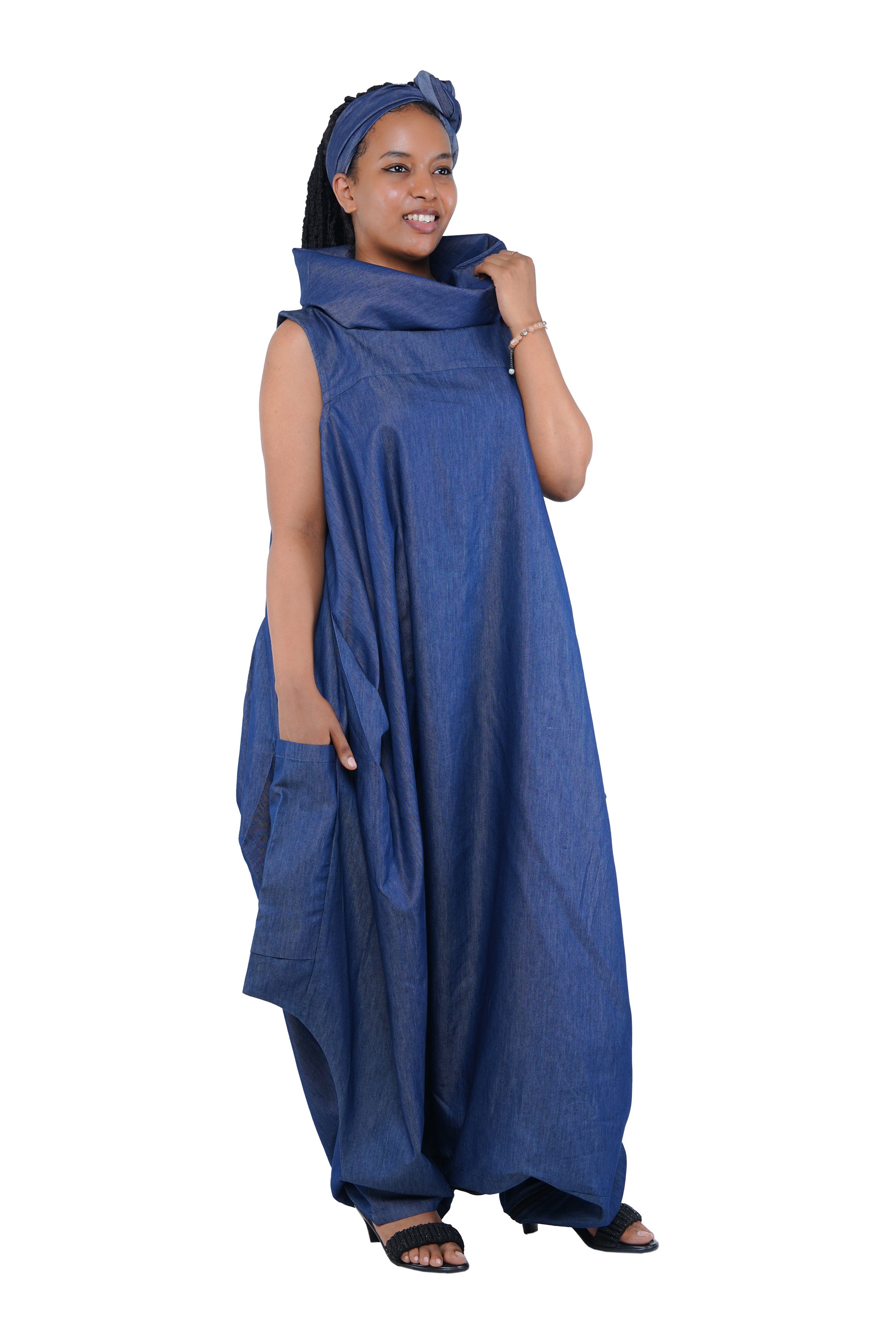 African Long High Neck Jumpsuit with Headwrap – 100% Cotton, Pockets