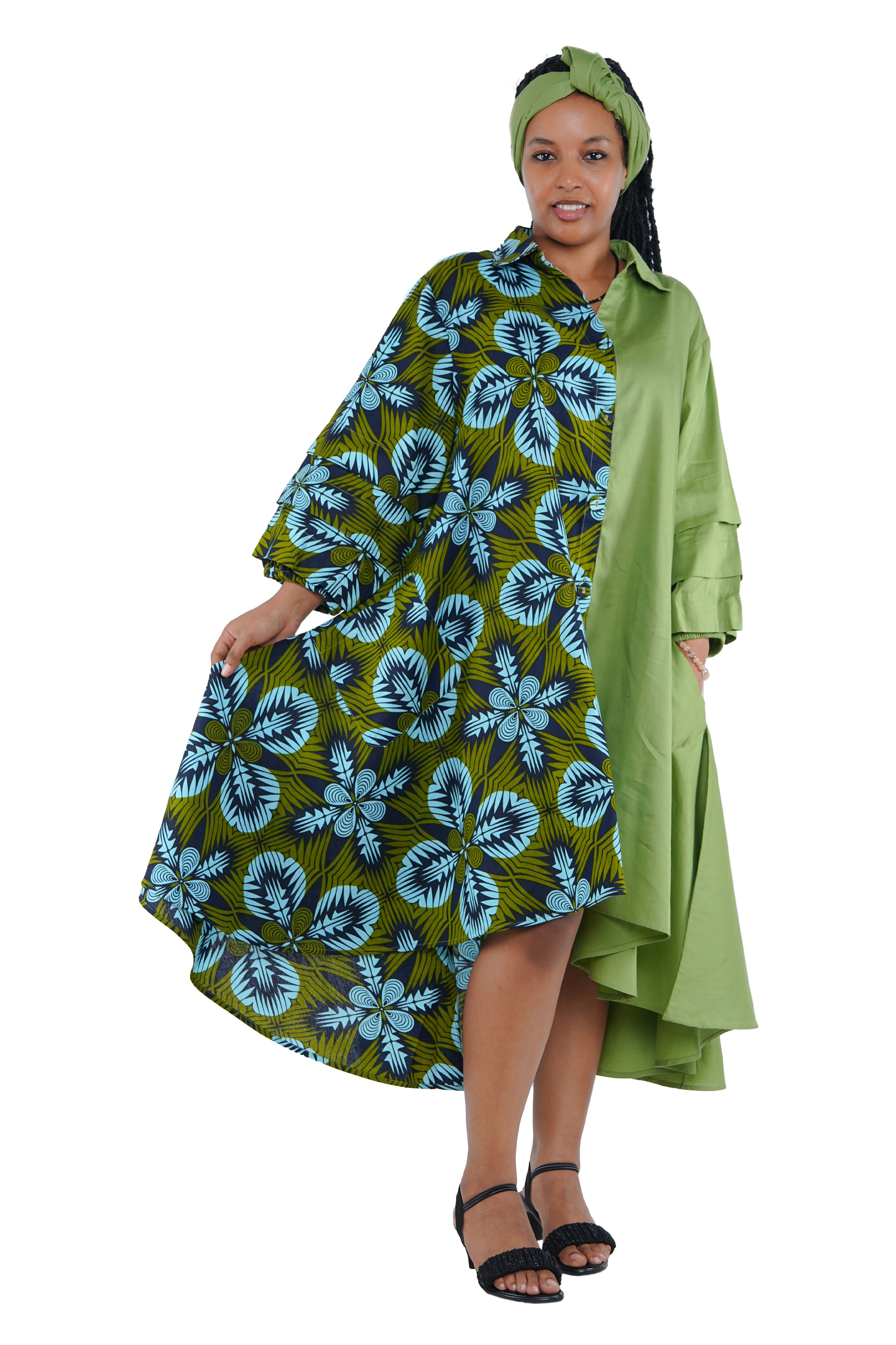African high low swing dress 100% cotton with matching headwrap