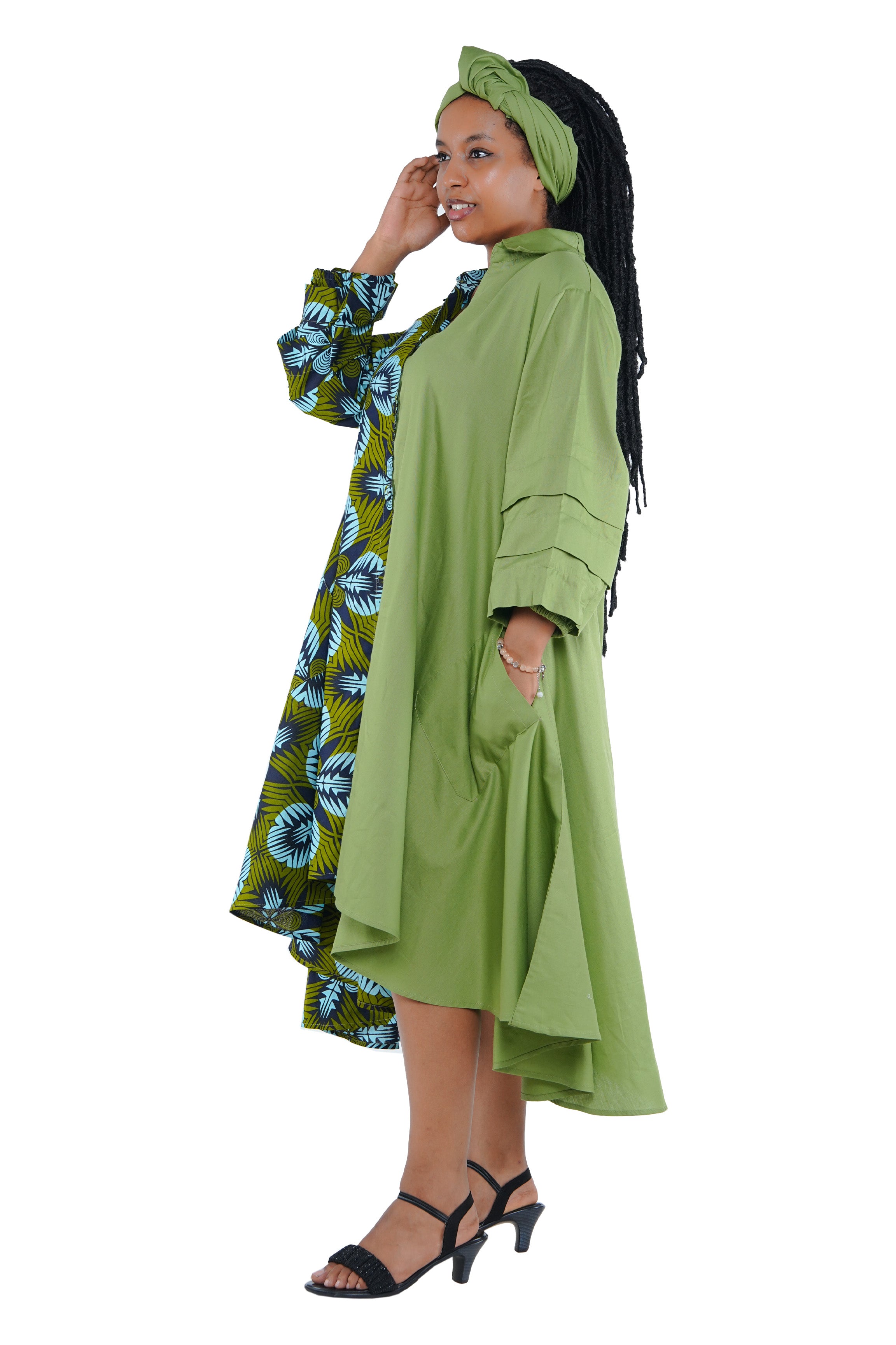 African high low swing dress 100% cotton with matching headwrap