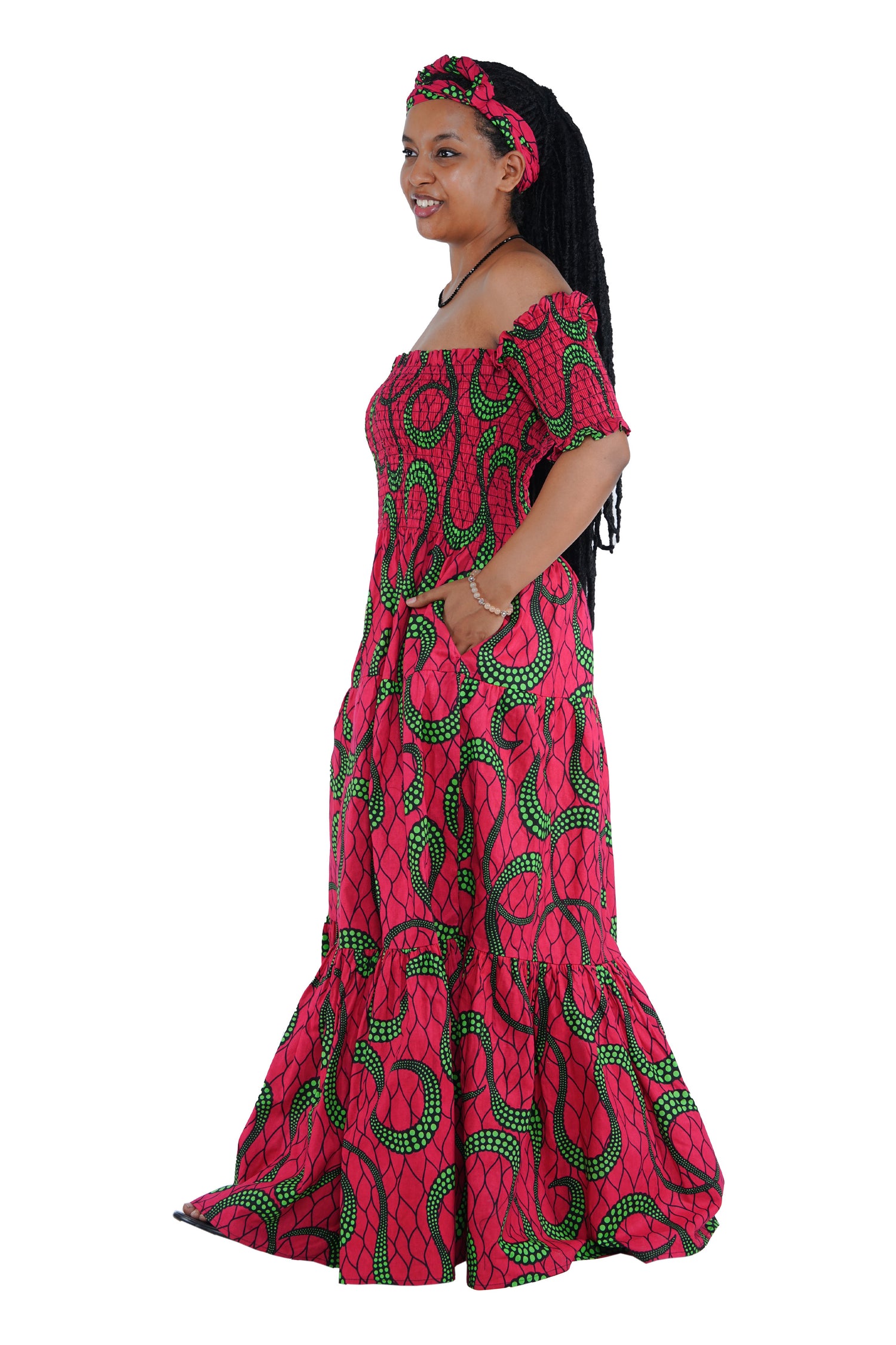 Side view of African off shoulder cotton maxi dress with pockets”