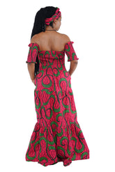 Side view of African off shoulder cotton maxi dress with pockets