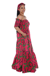 Woman wearing African print off shoulder smocked dress
