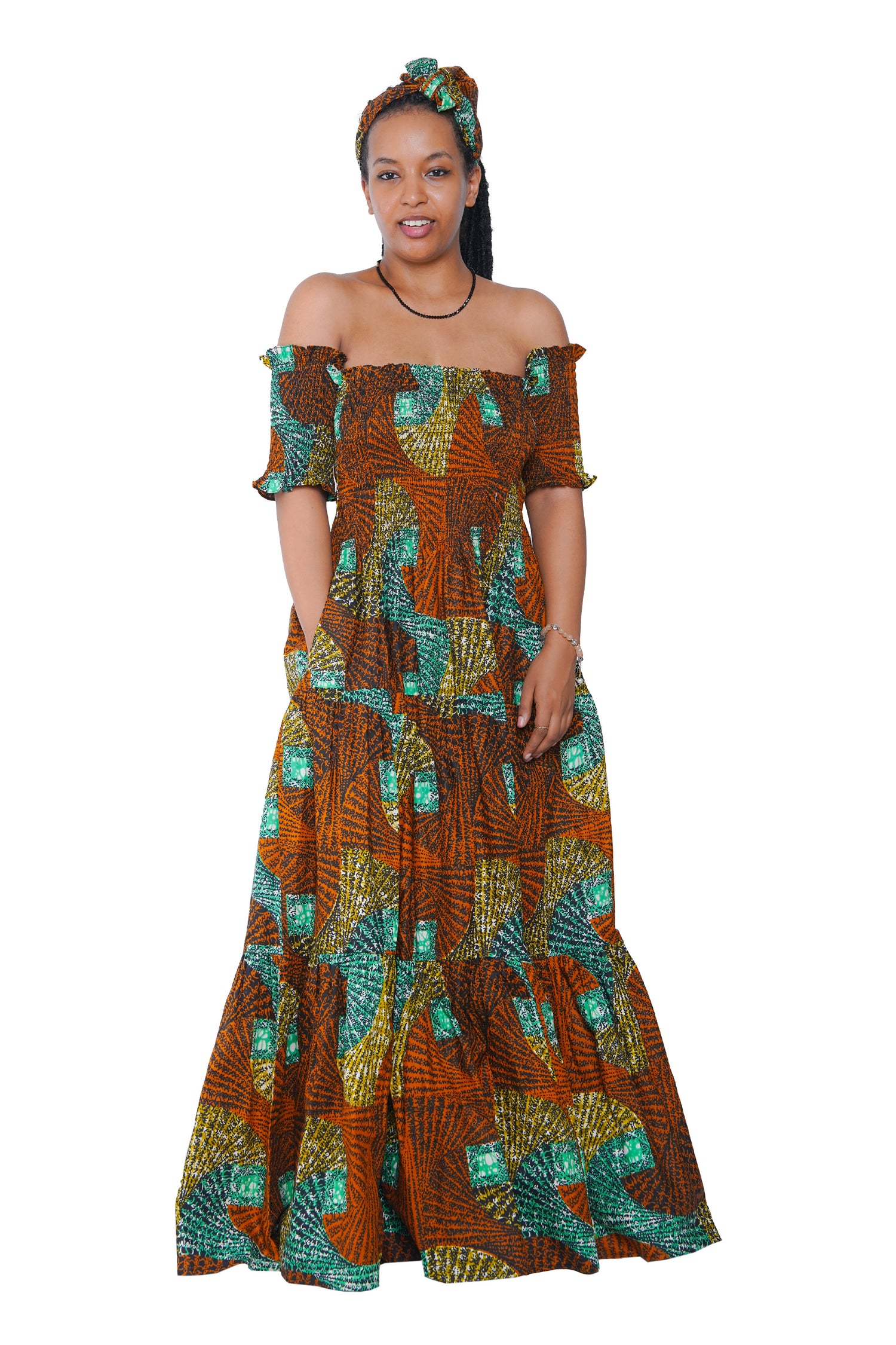 Smocked off shoulder African cotton dress with headwrap and pockets