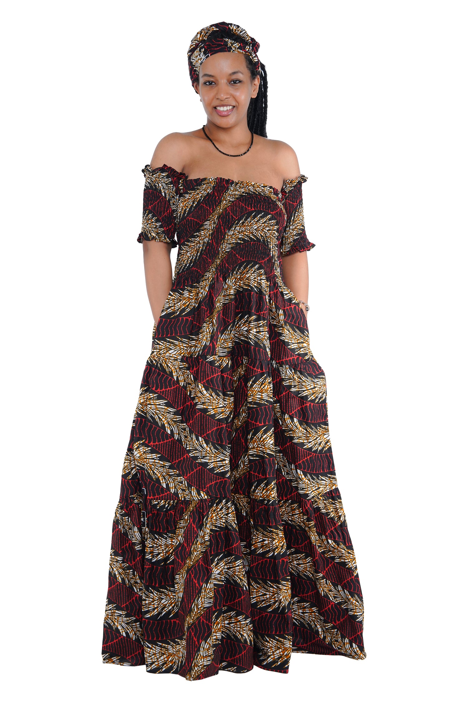 “Smocked off shoulder African cotton dress with headwrap and pockets”