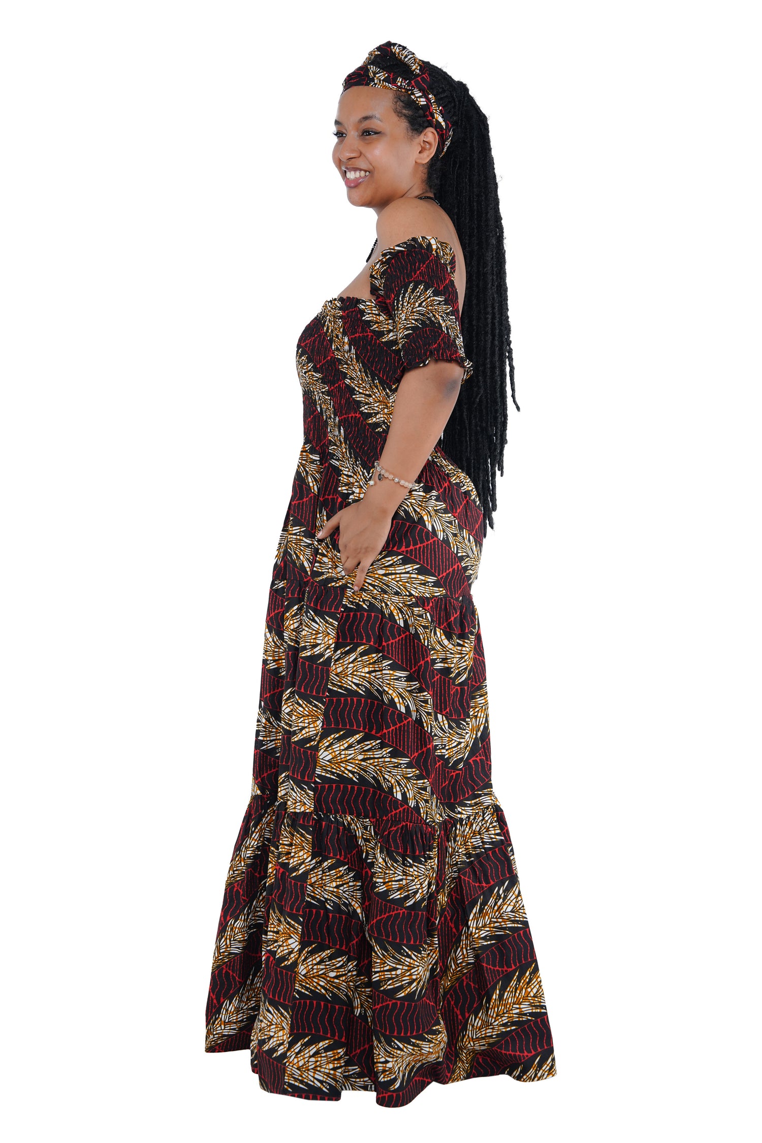 Side view of African off shoulder cotton maxi dress with pockets”