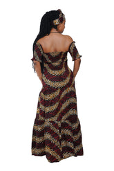 Back view of smocked bodice off shoulder African print dress”