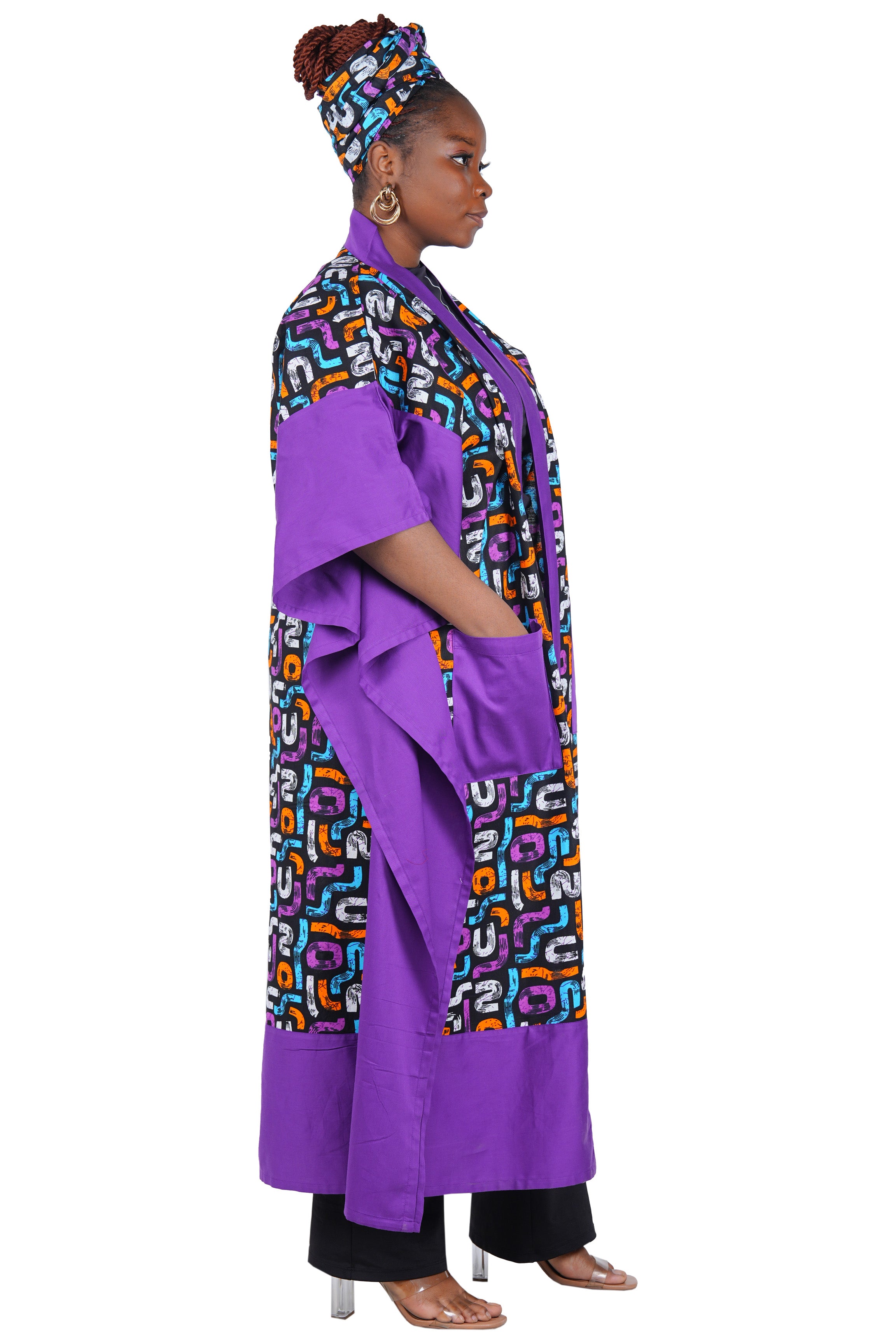African Kimono Cardigan with Pockets & Matching Headwrap | One Size