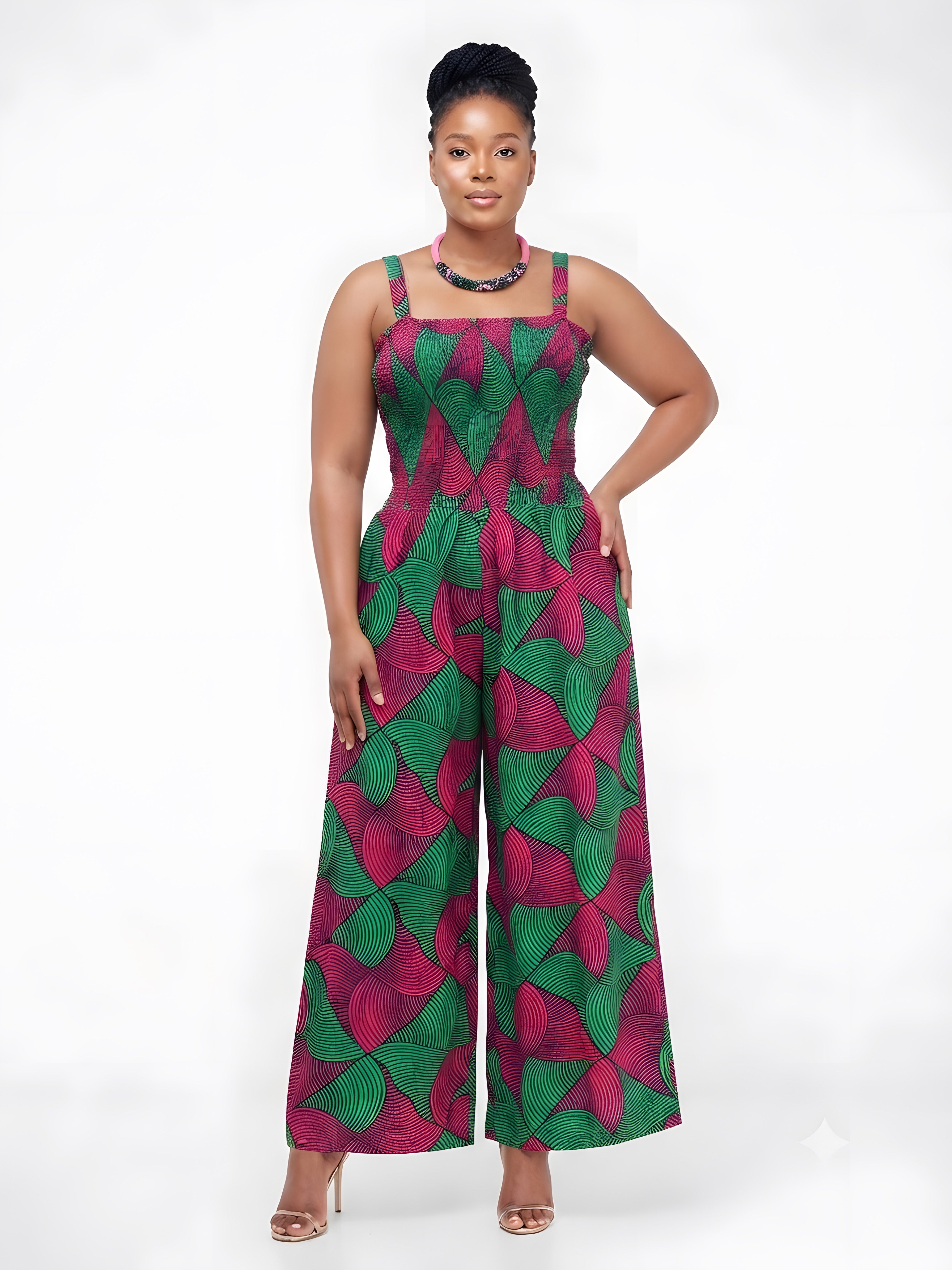 African Smocked Wide Leg Jumpsuit with Matching Kimono | One Size