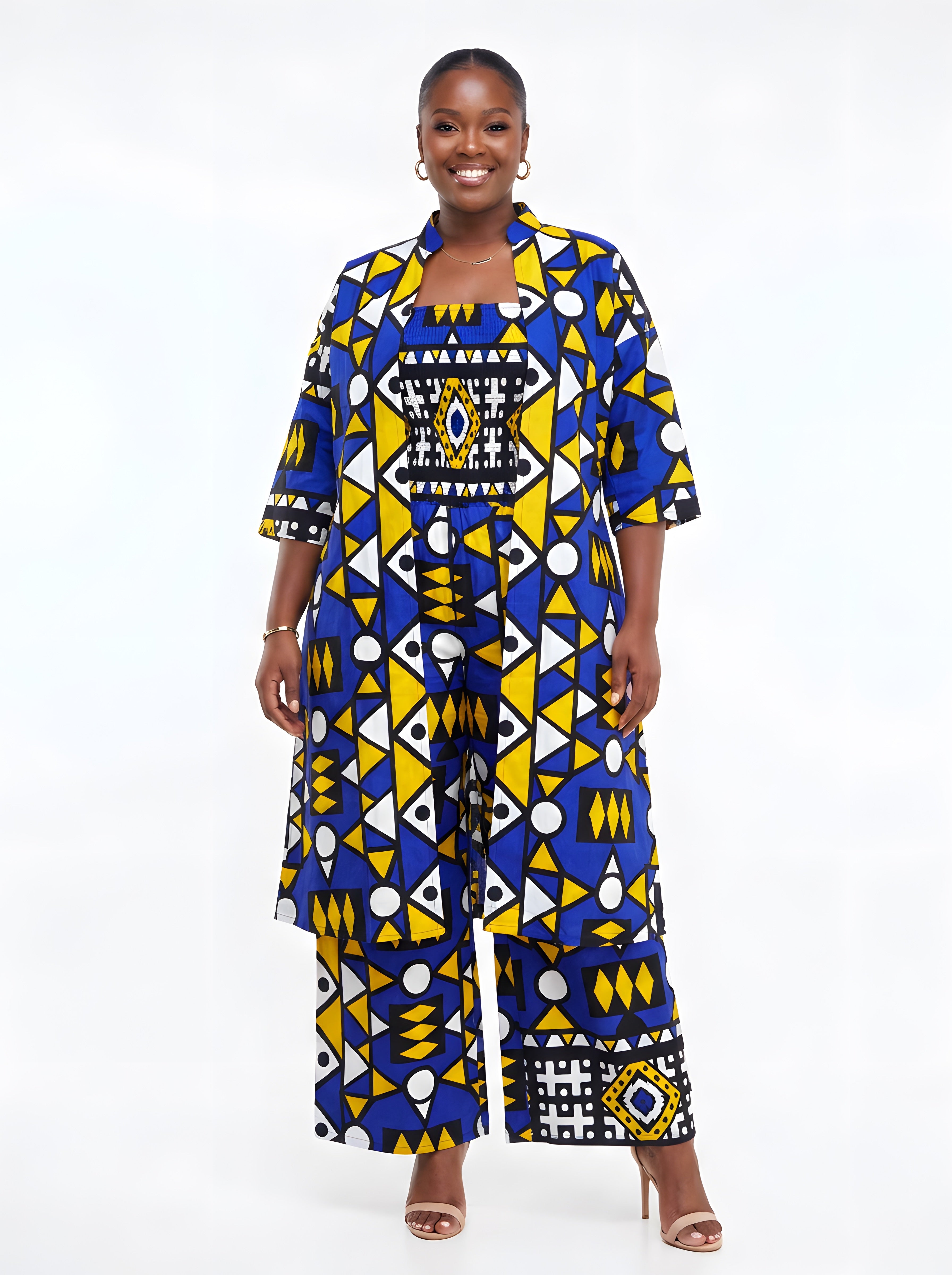 African Smocked Wide Leg Jumpsuit with Matching Kimono | One Size