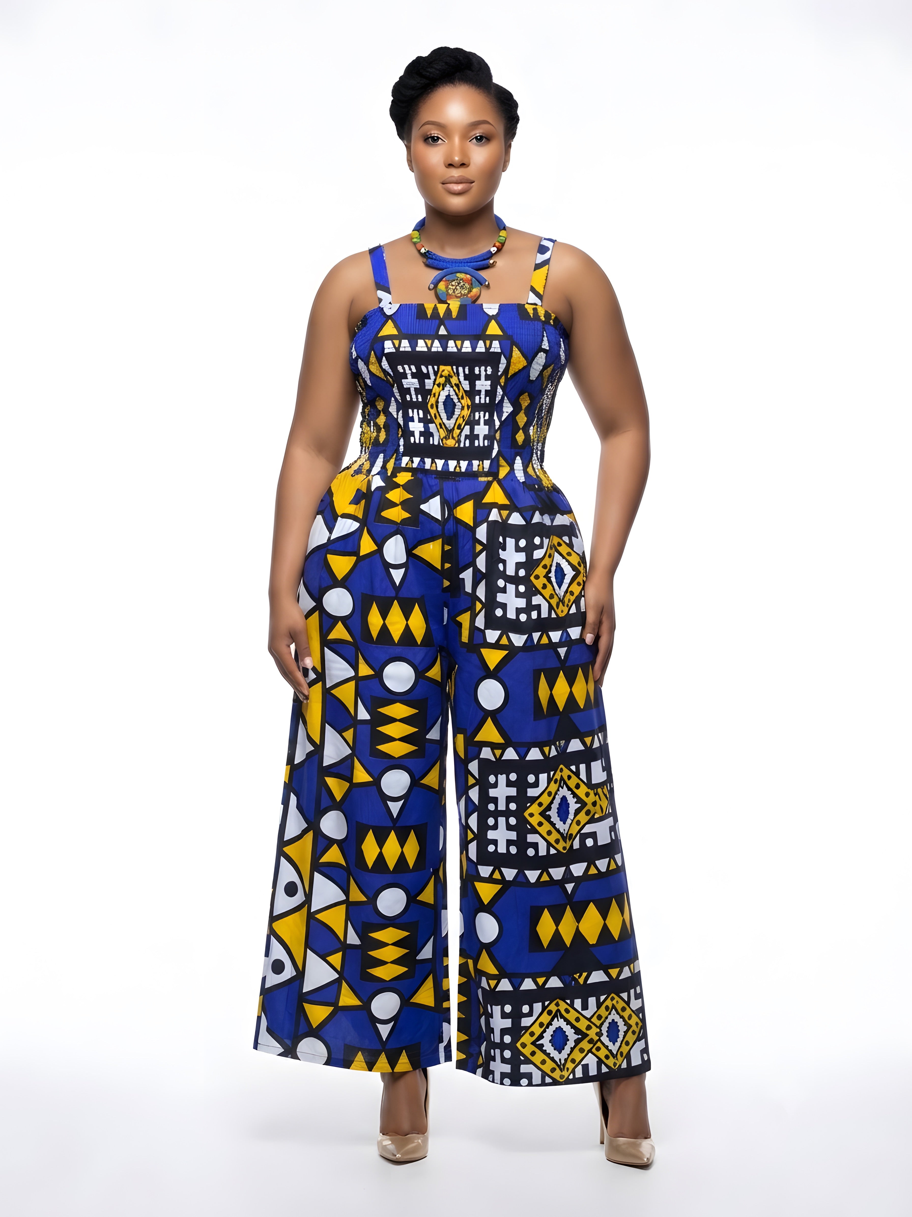 African Smocked Wide Leg Jumpsuit with Matching Kimono | One Size