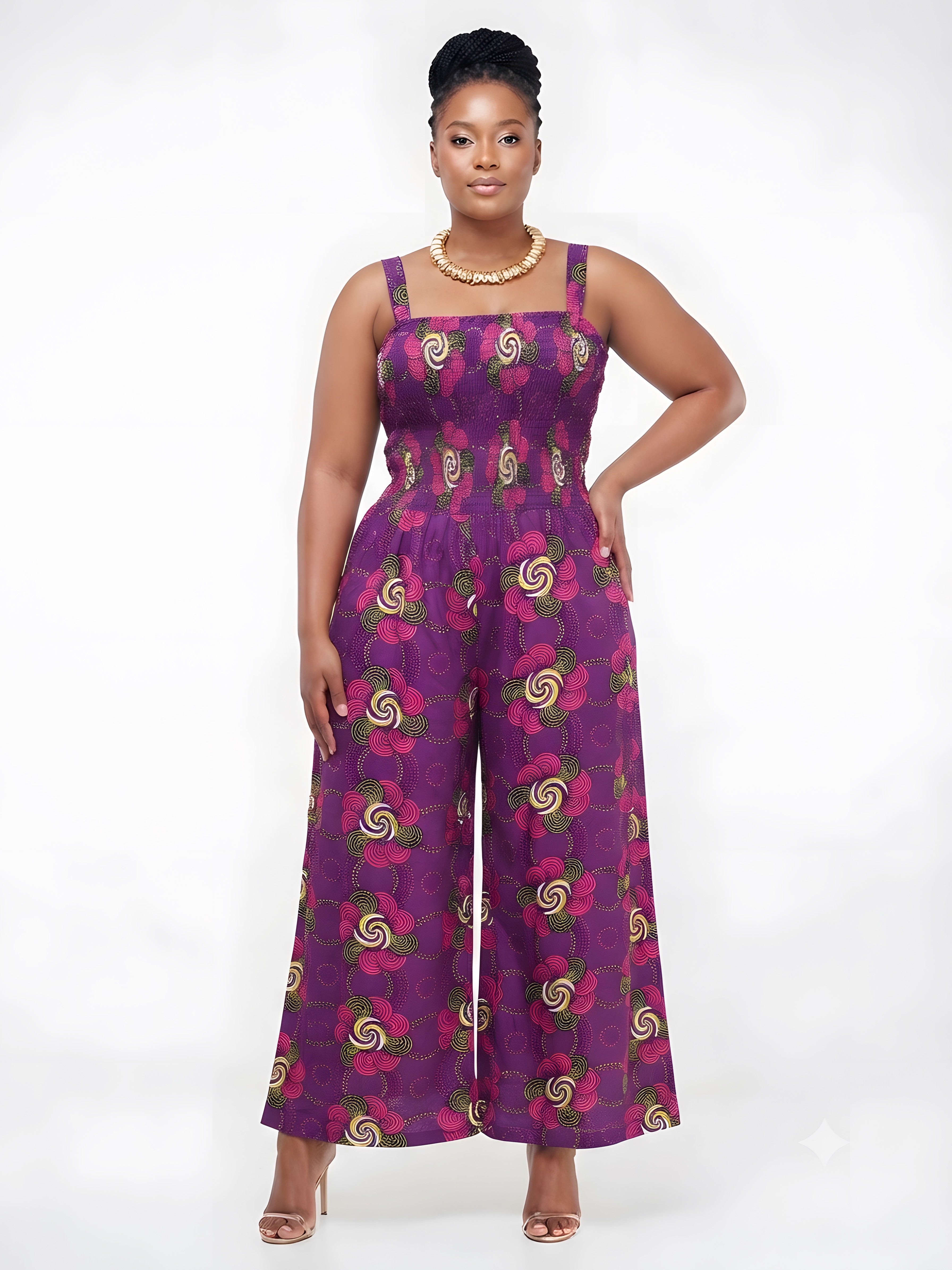 African Smocked Wide Leg Jumpsuit with Matching Kimono | One Size