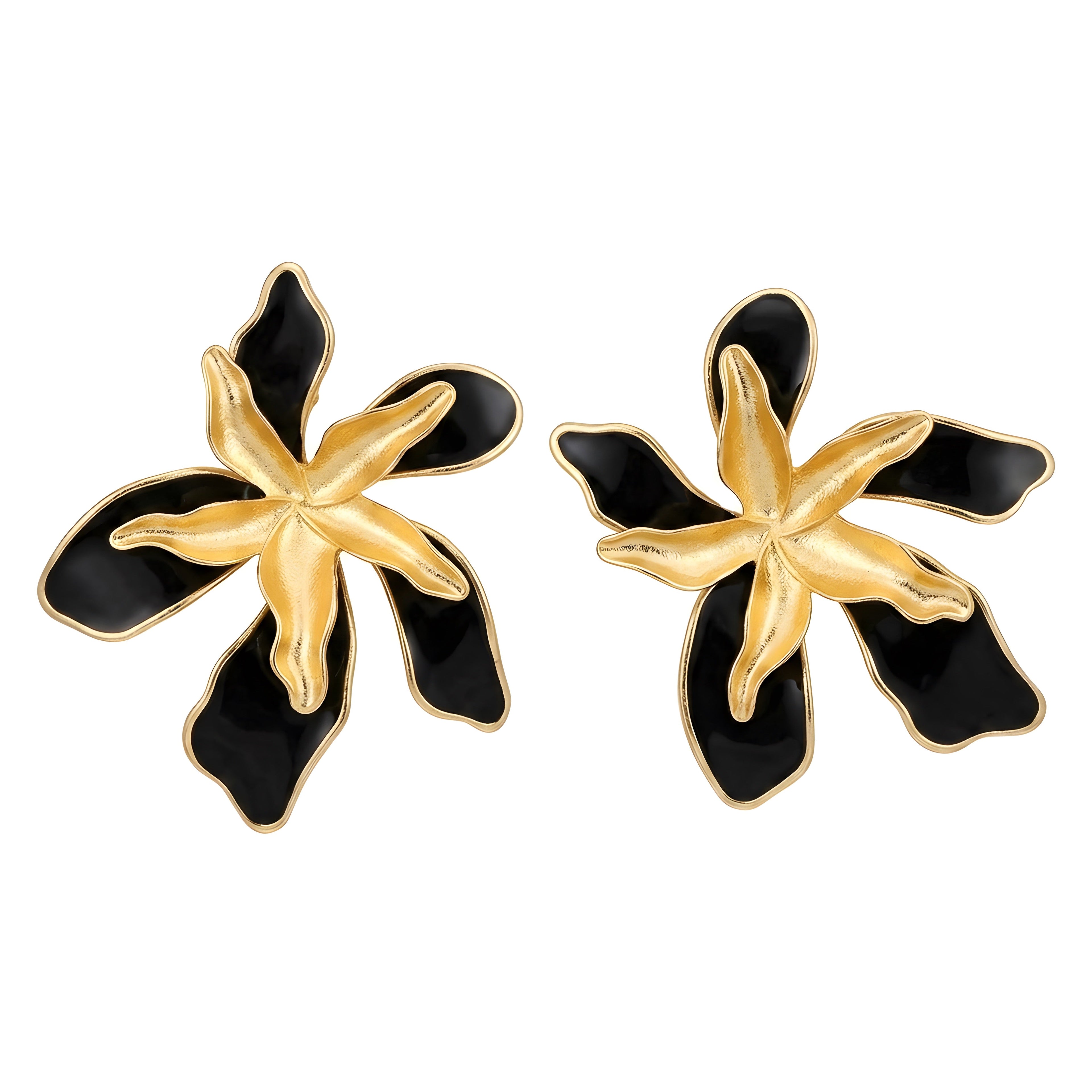 Exaggerated High-End Gold Black Petal Flower Earrings