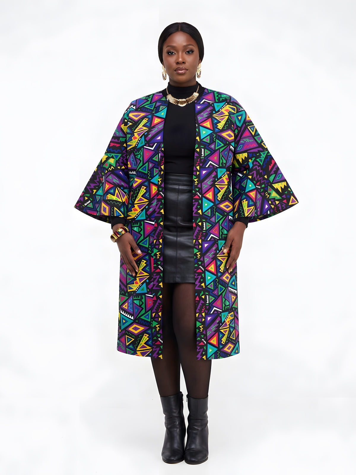 Back view of reversible African print jacket for women, 100% cotton Ankara kimono
