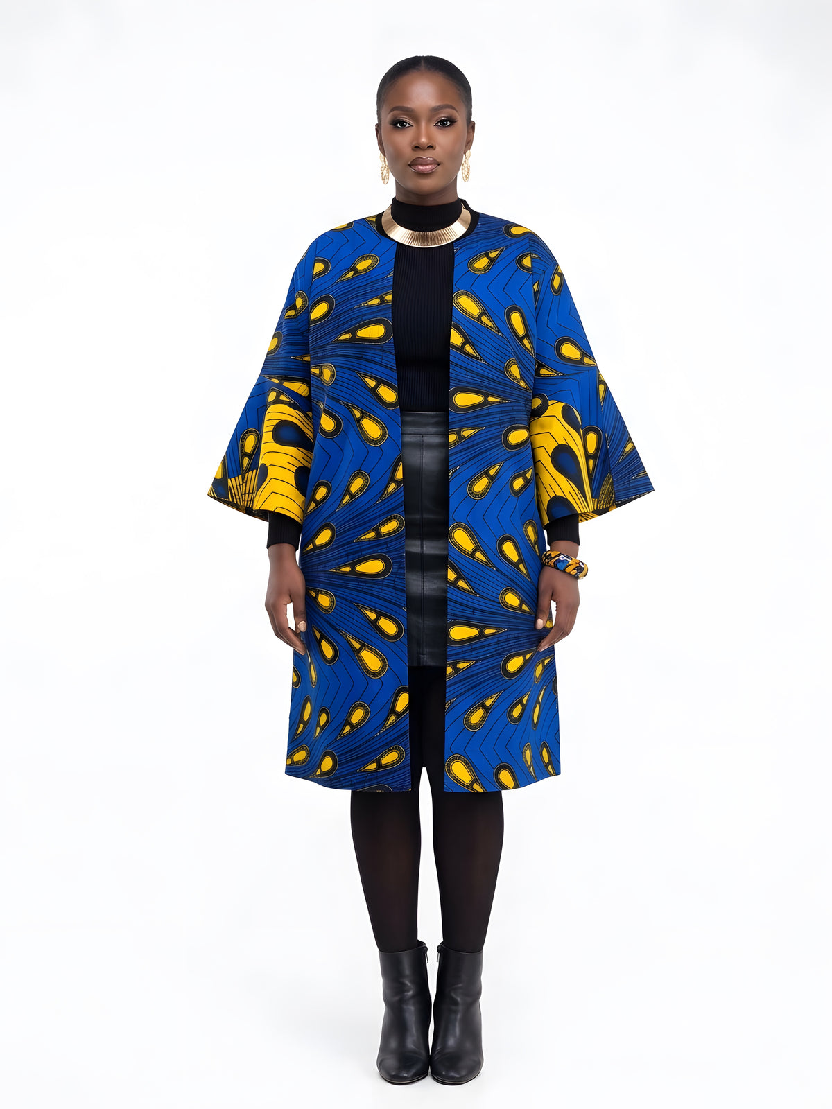 Side view of African Ankara reversible jacket with matching two-sided belt