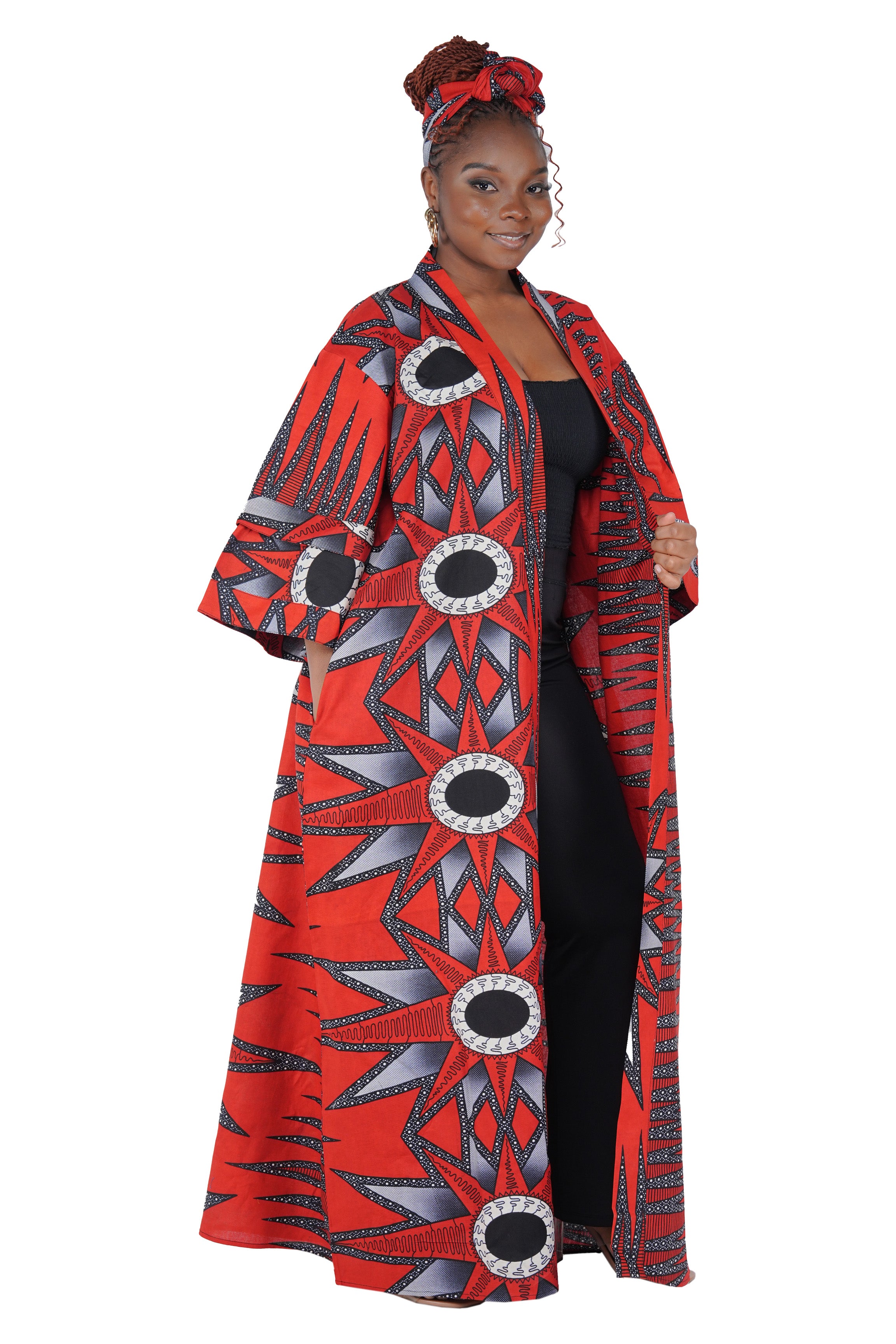 Afrocentric cotton kimono with belt and matching head wrap