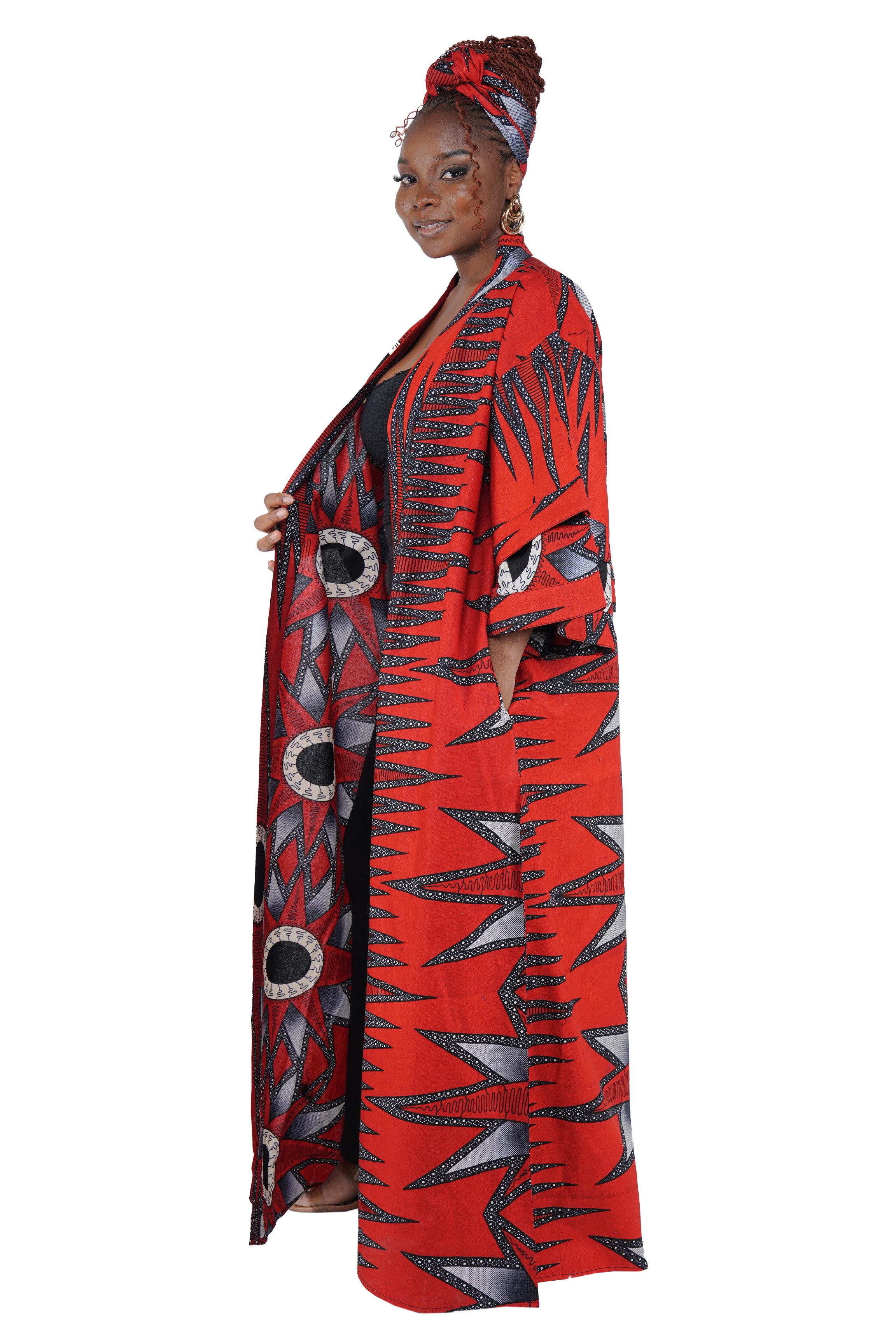 African inspired long cardigan duster with pockets for women