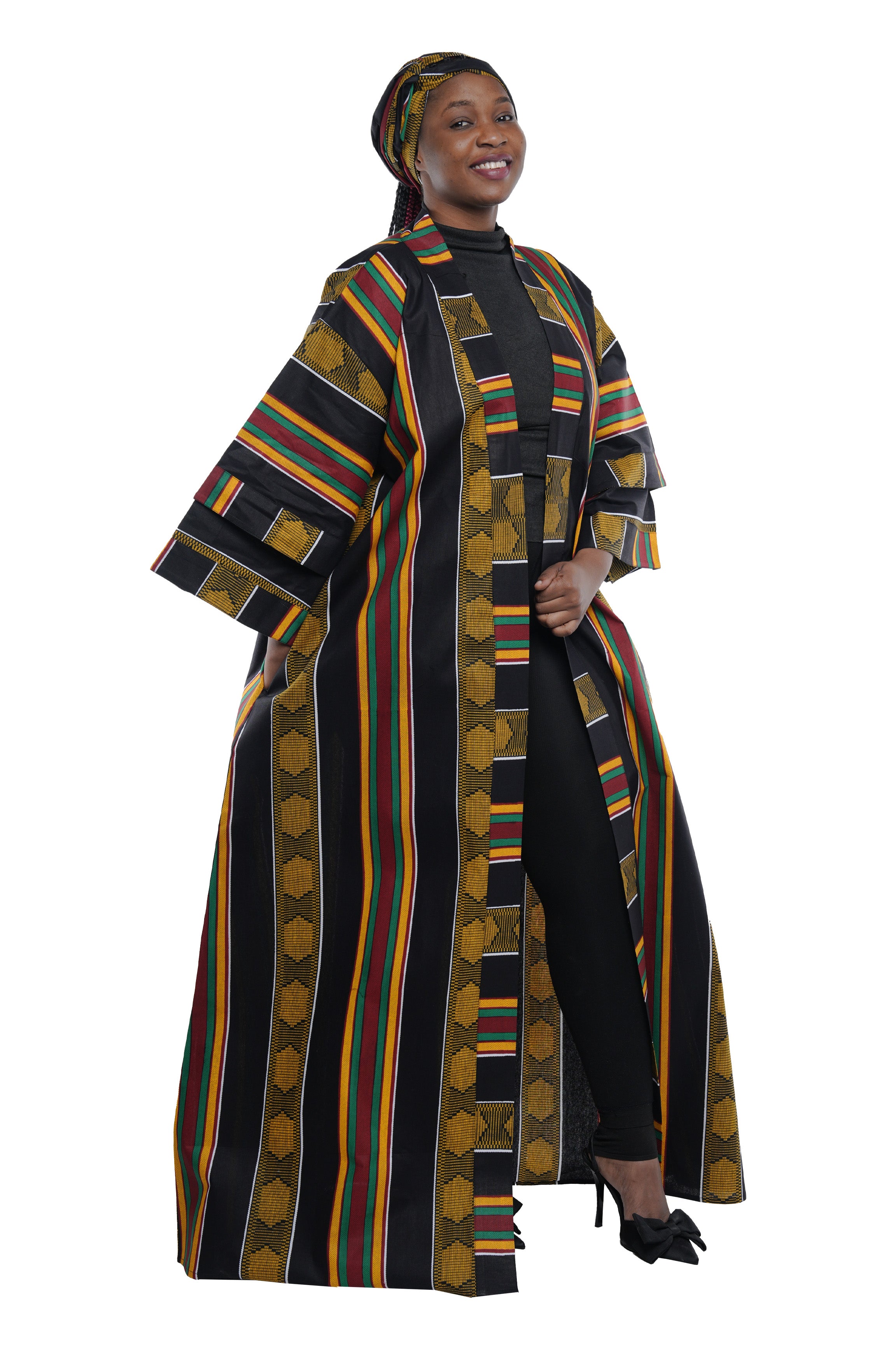 African Print Long Duster Kimono for Women with Headwrap | 100% Cotton