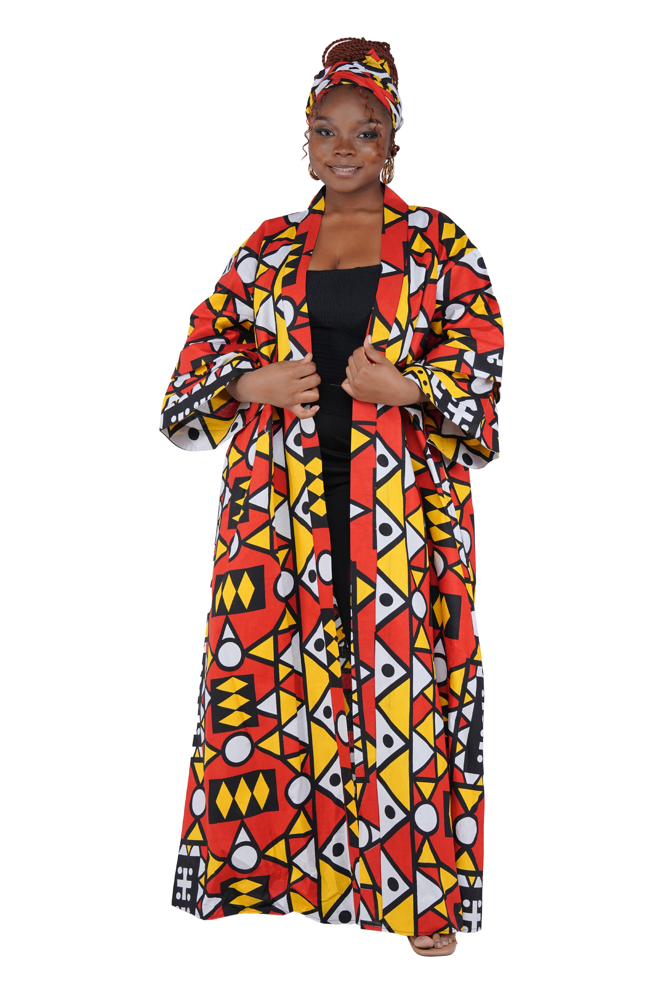 African Print Long Duster Kimono for Women with Headwrap | 100% Cotton