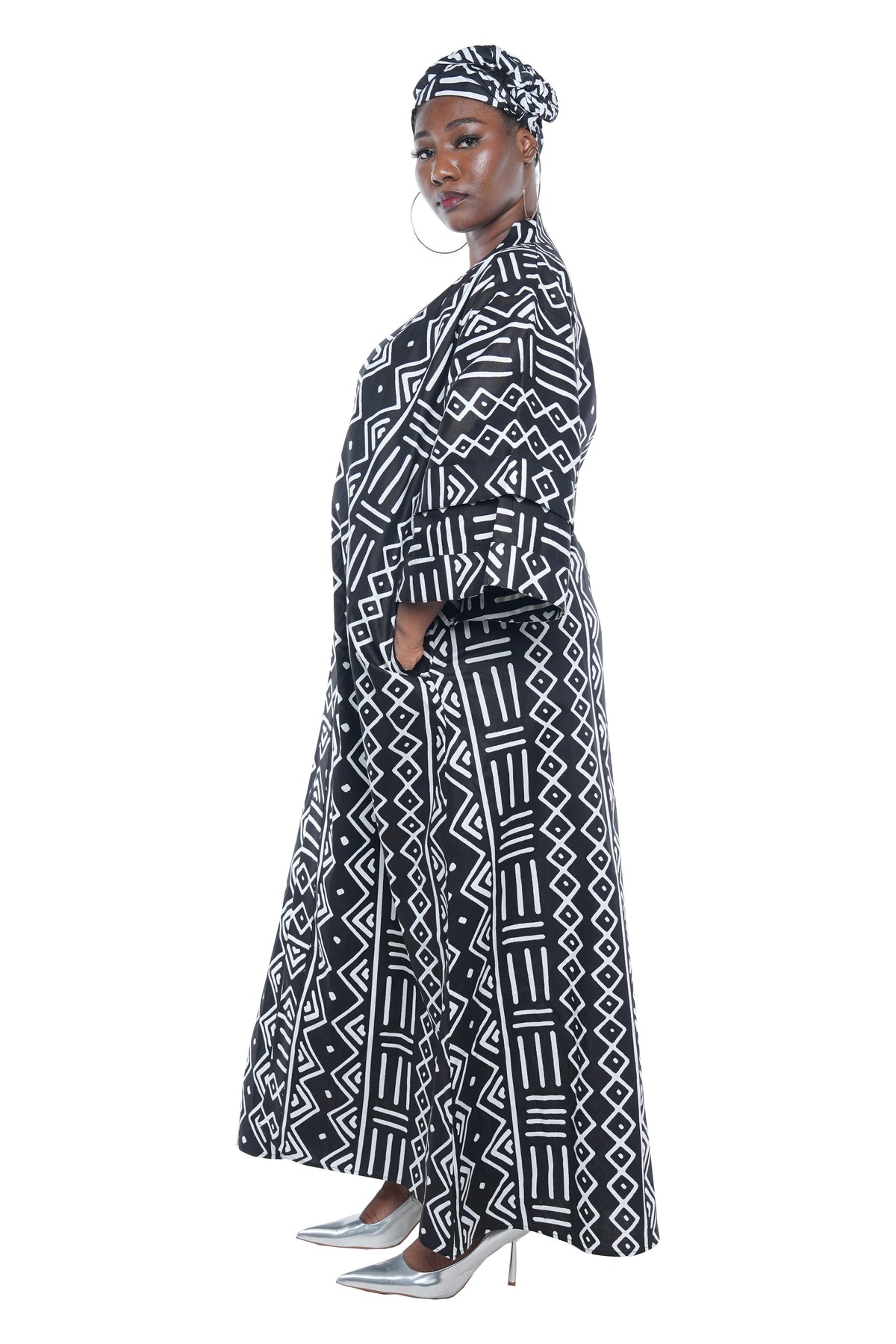 Long African Print Kimono for Women with Pockets & Headwrap | One Size