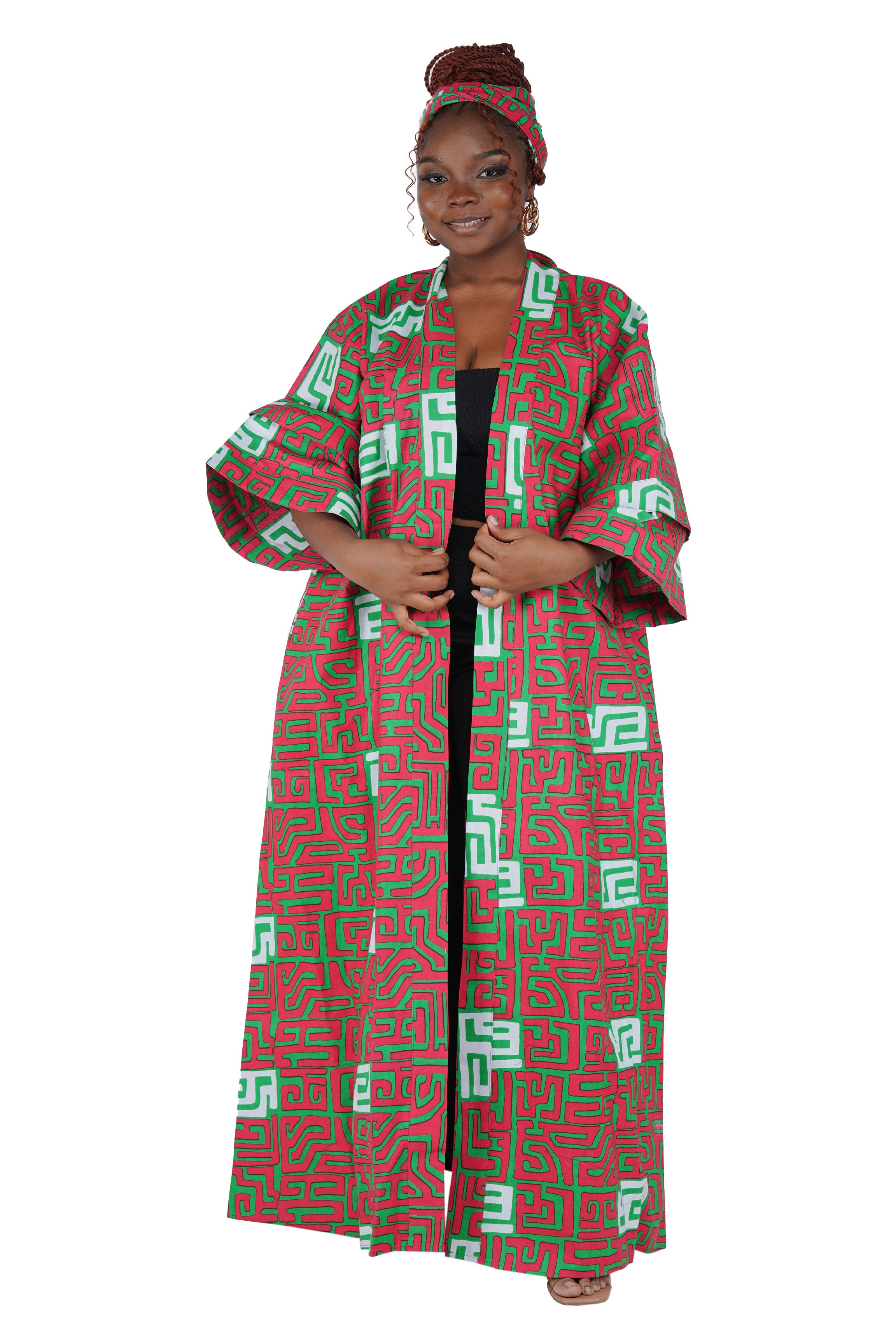 African Print Long Duster Kimono for Women with Headwrap | 100% Cotton