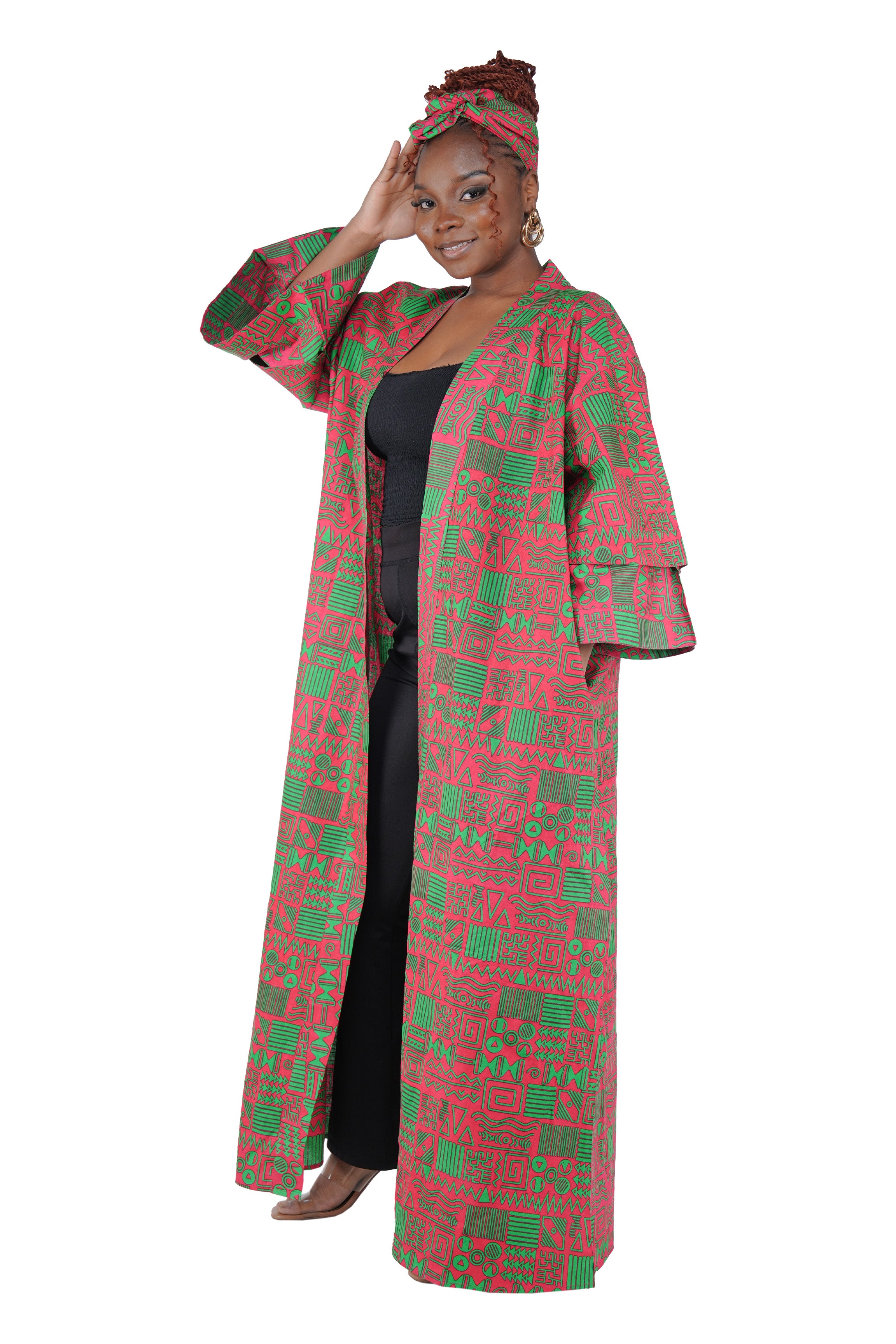 African Print Long Duster Kimono for Women with Headwrap | 100% Cotton