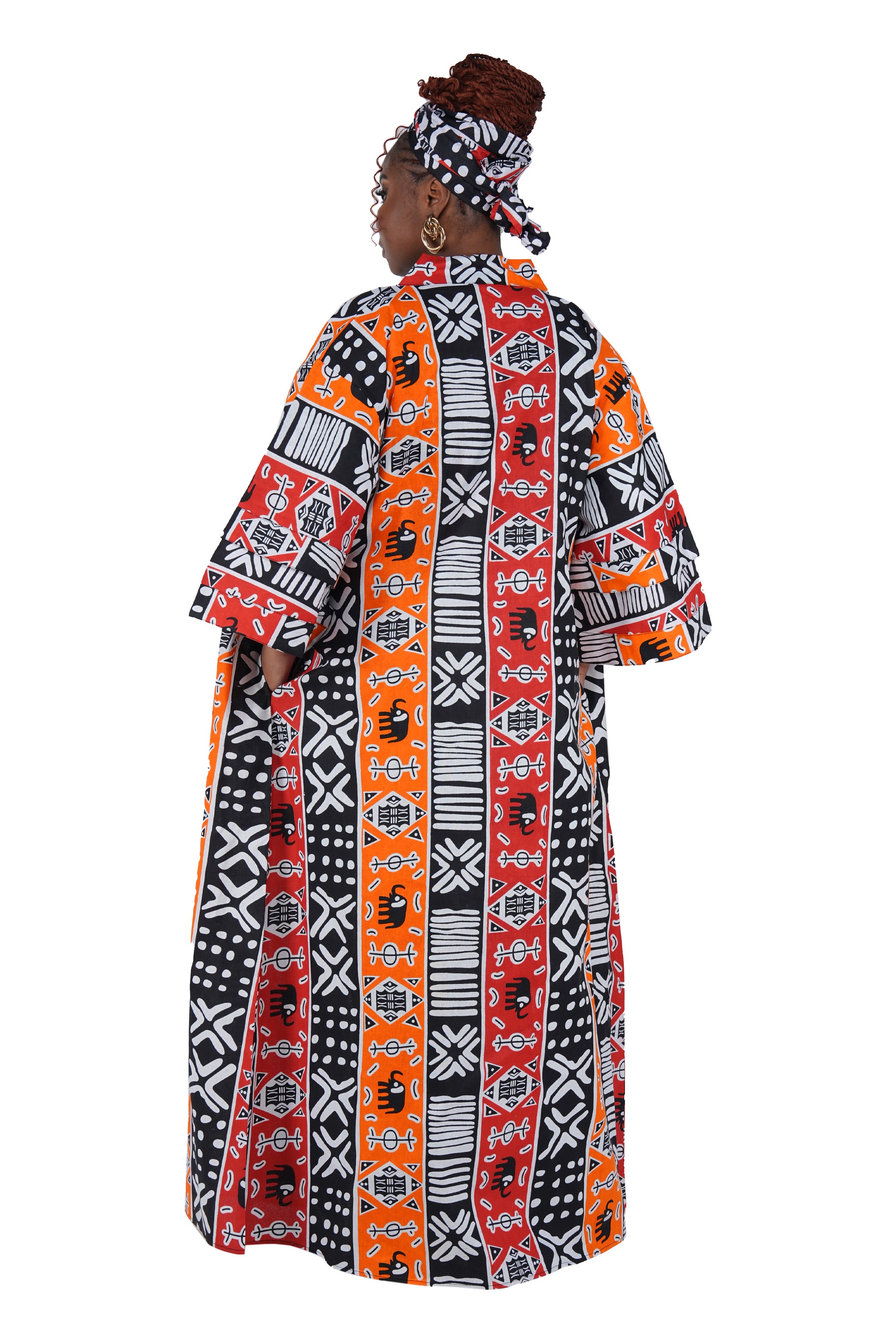 African Print Long Duster Kimono for Women with Headwrap | 100% Cotton