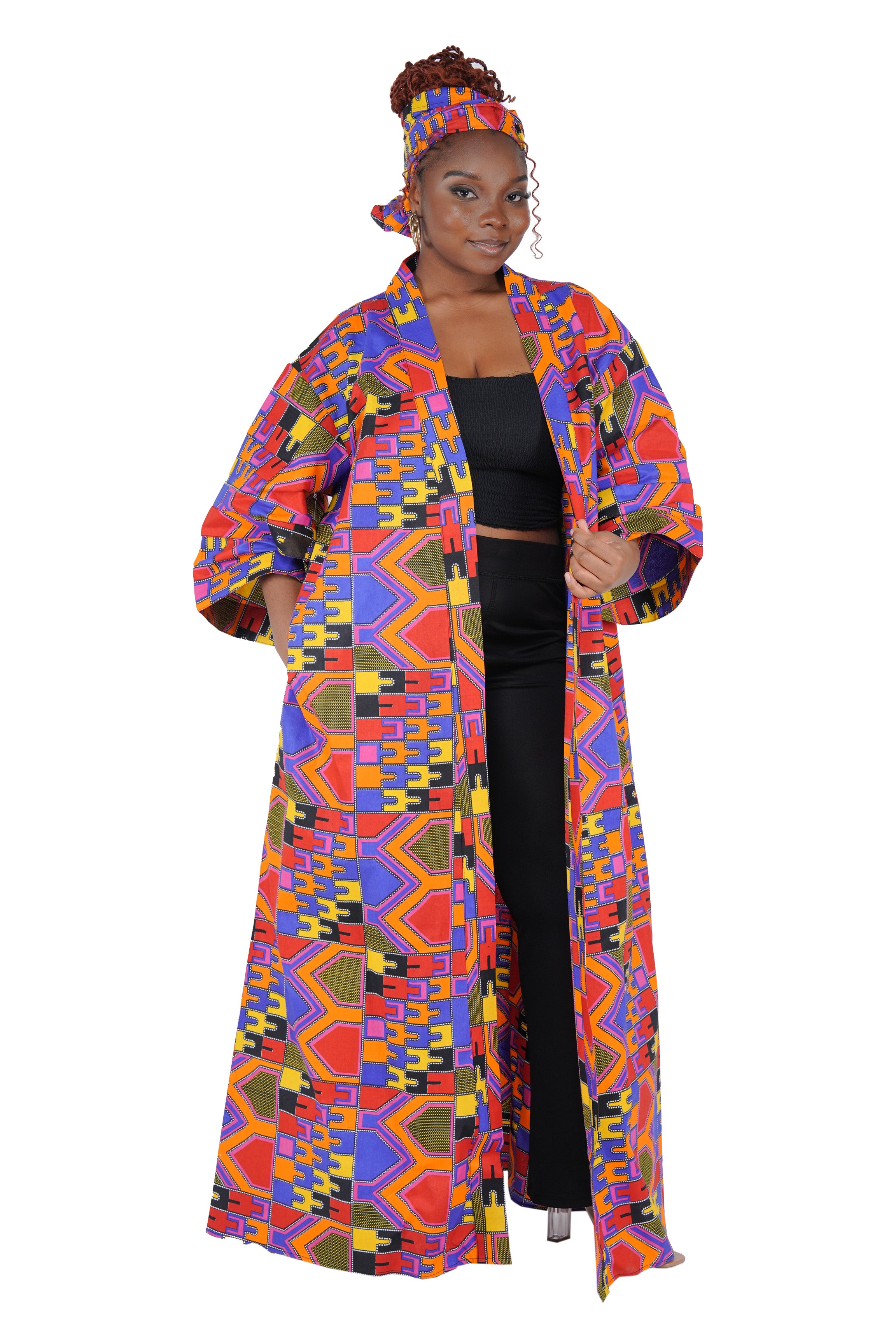 African Print Long Duster Kimono for Women with Headwrap | 100% Cotton