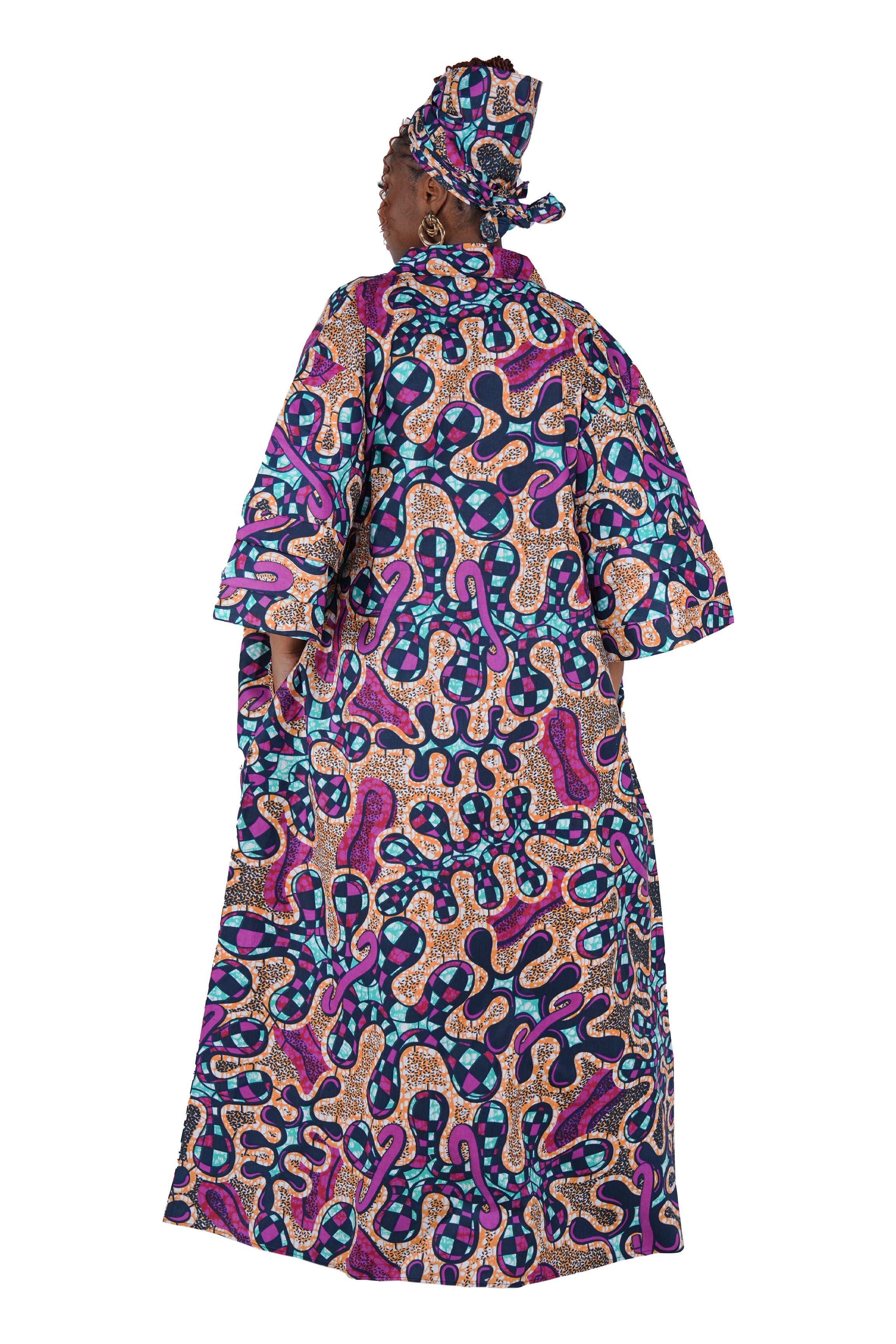 African Print Long Duster Kimono for Women with Headwrap | 100% Cotton