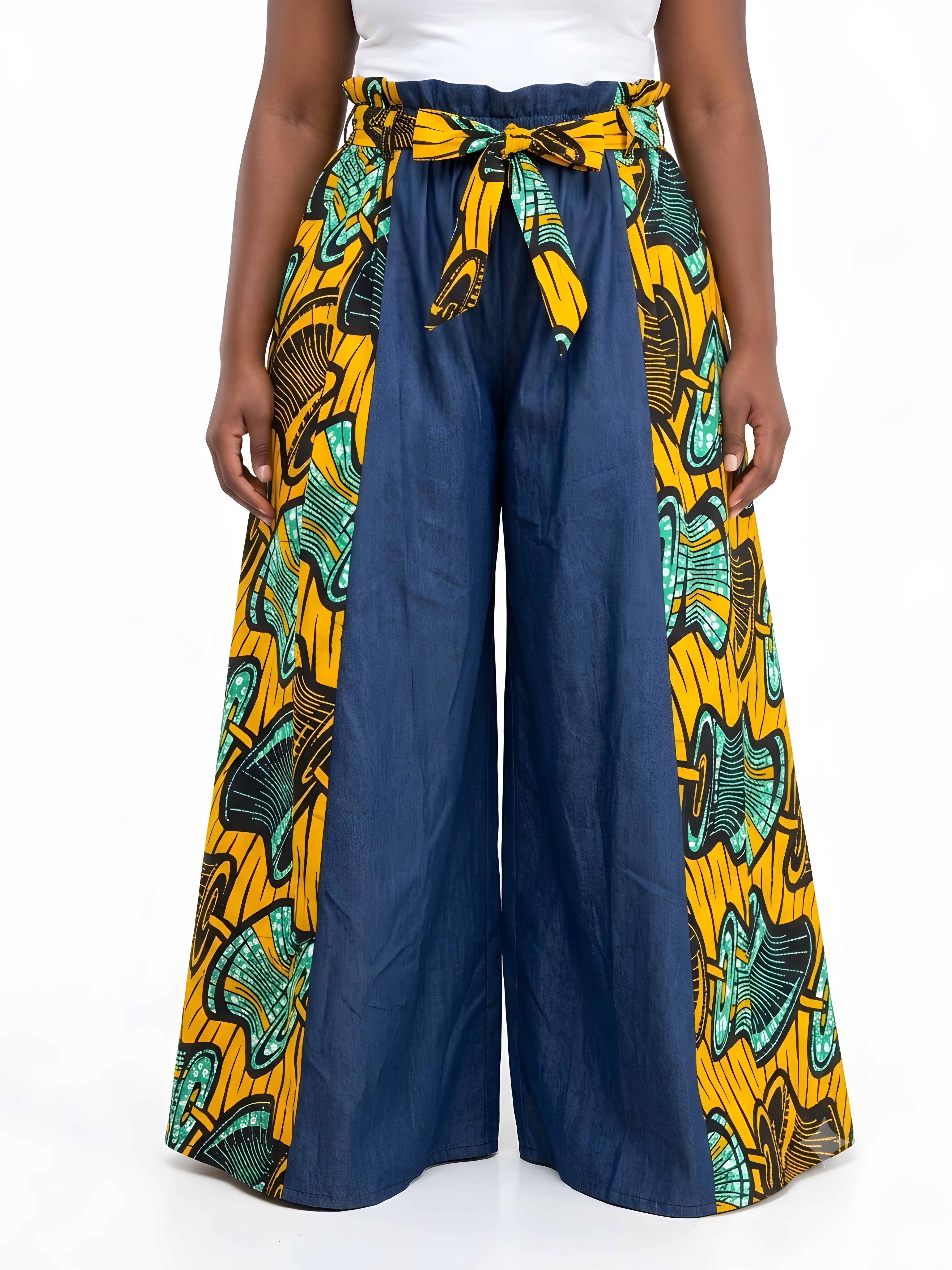 Ankara Denim Wide Palazzo Pants | One Size