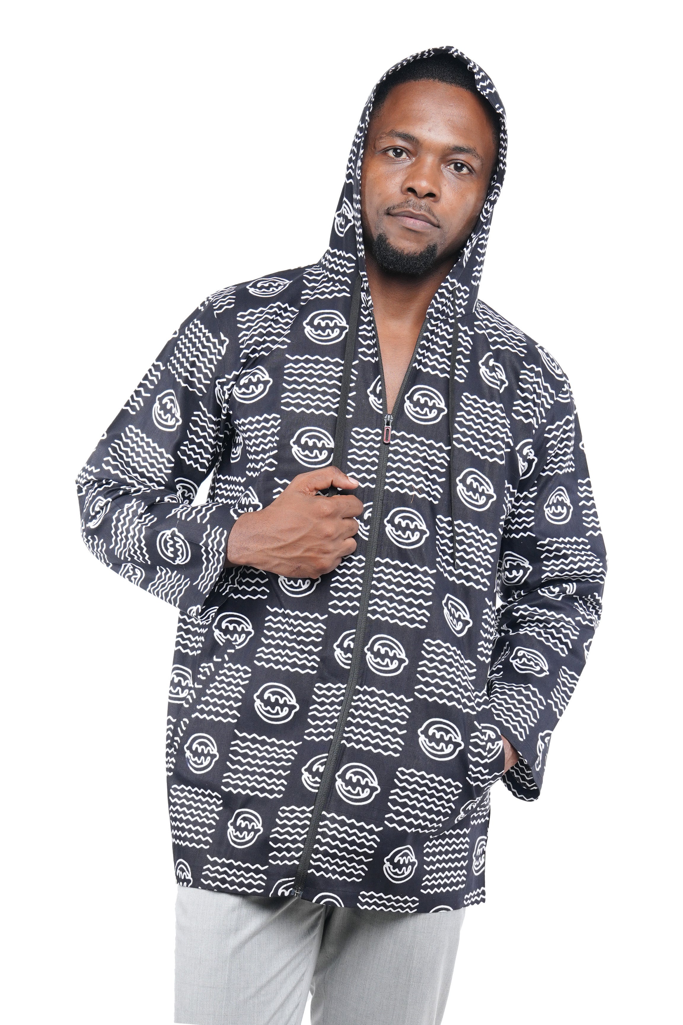 African Print Front Zipper Hoodie for Men, 100% Cotton, Long Sleeve Jacket