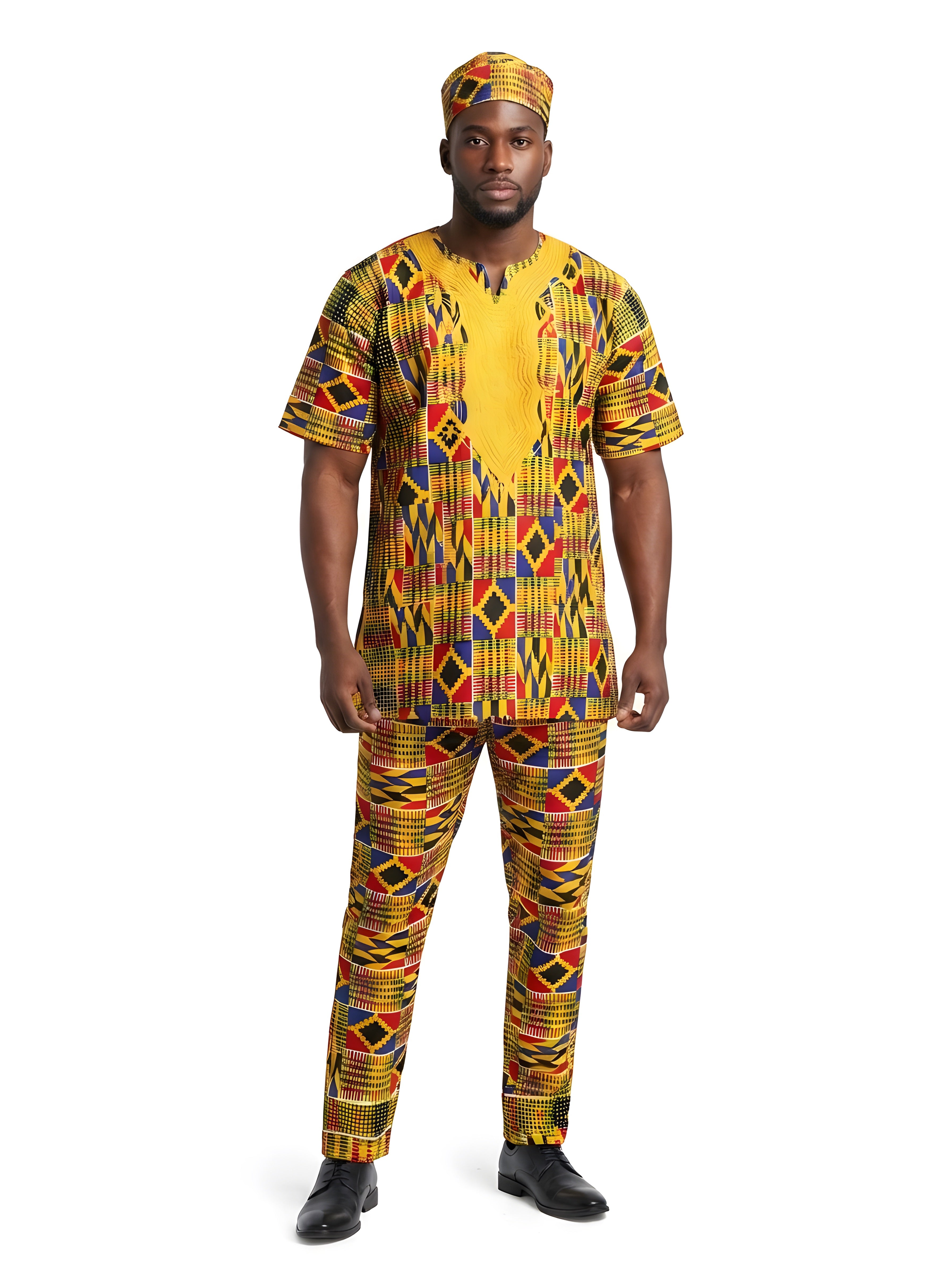 Men’s African Embroidered Top & Pant Set w/ Hat – 2pc Outfit M–5XL