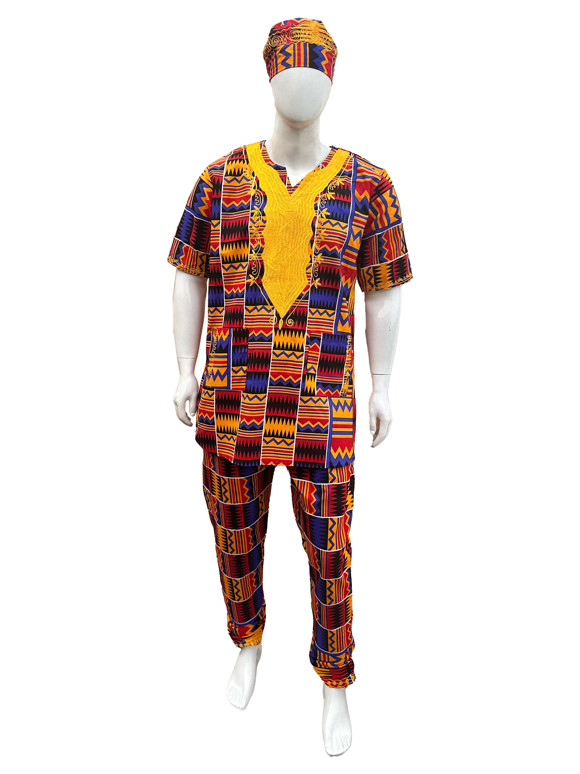 Men’s African Embroidered Top & Pant Set w/ Hat – 2pc Outfit 5XL
